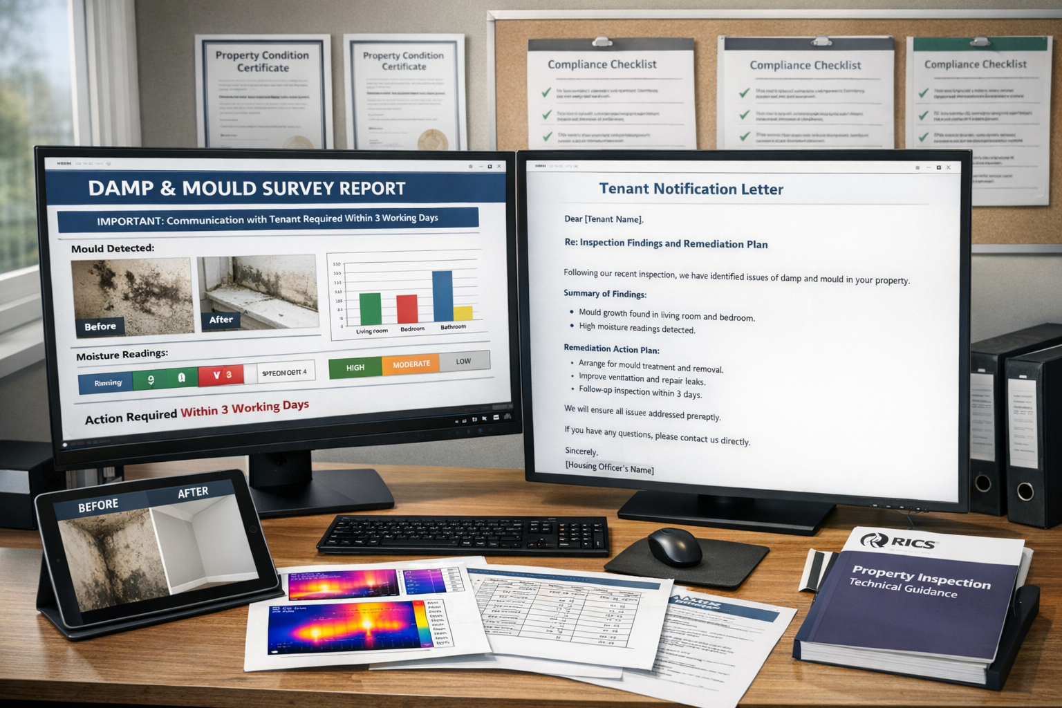 Landscape format (1536x1024) professional documentation and reporting scene showing modern surveyor workspace with dual monitors displaying