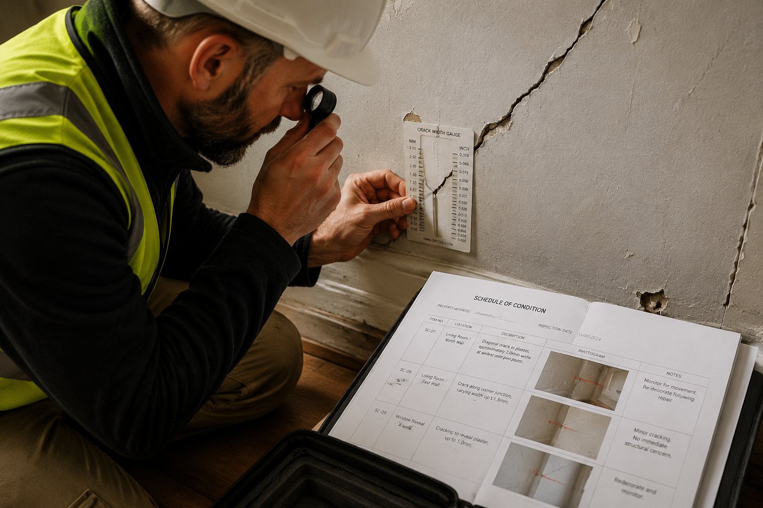 Detailed () editorial image showing a professional surveyor in a hard hat and hi-vis vest crouching beside a cracked