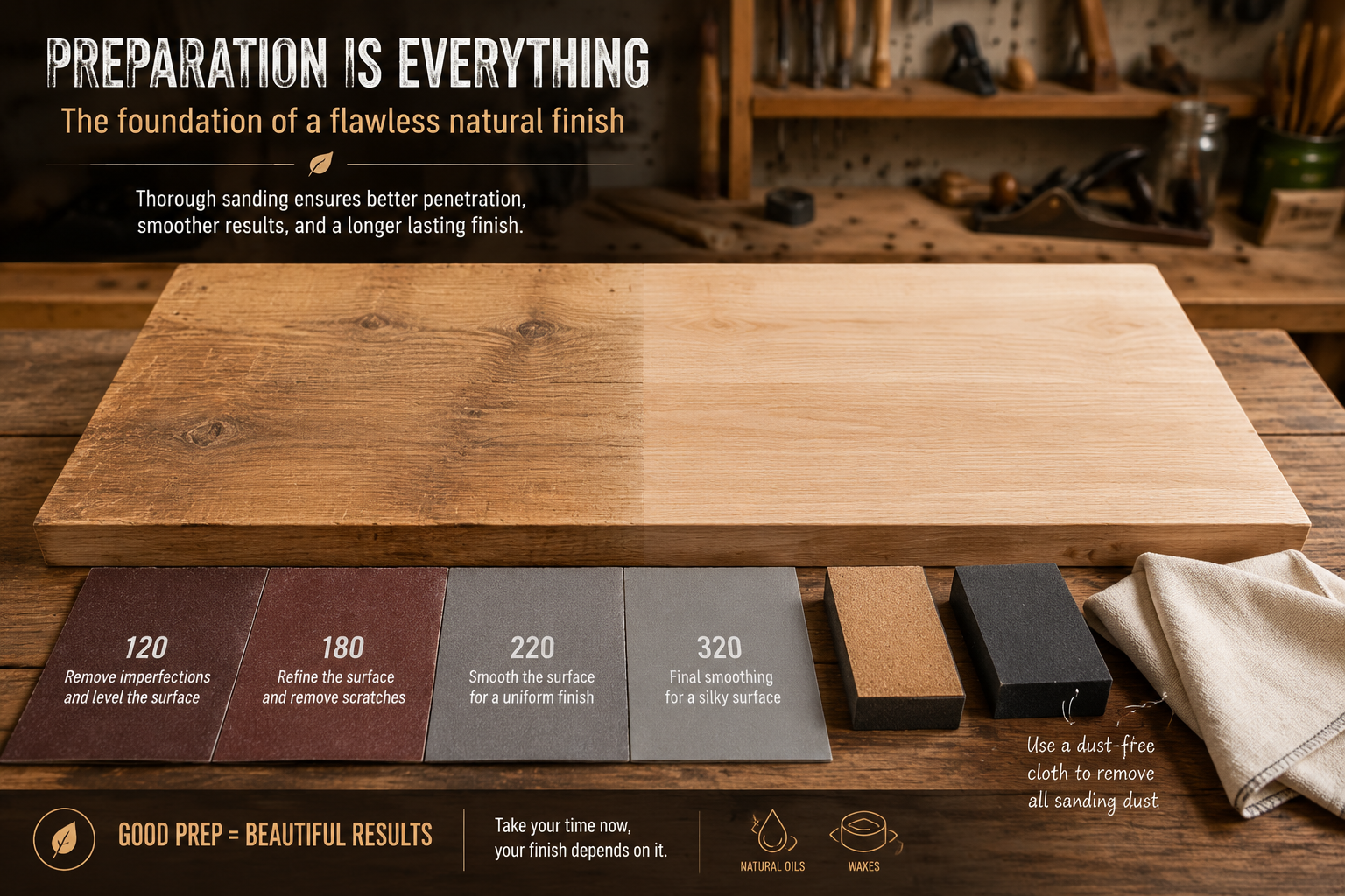 A detailed () image focusing on the preparation stage of DIY wood finishing. The central element is a close-up of a wooden