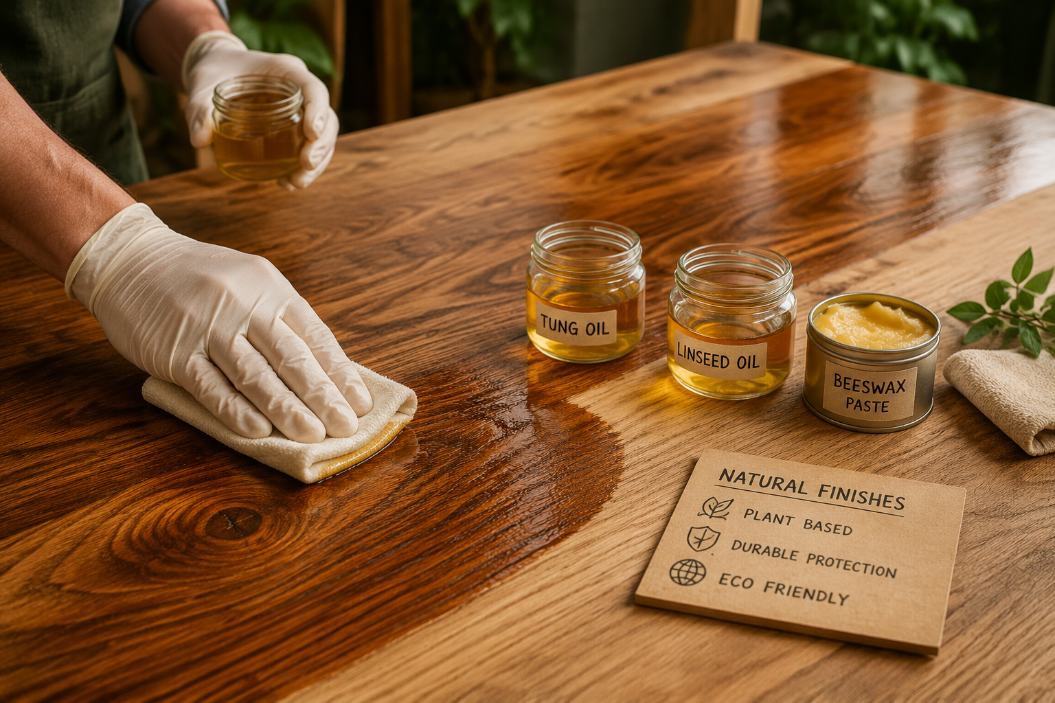 A detailed () image visually demonstrating the application of natural oils and waxes to wood. The foreground features a pair