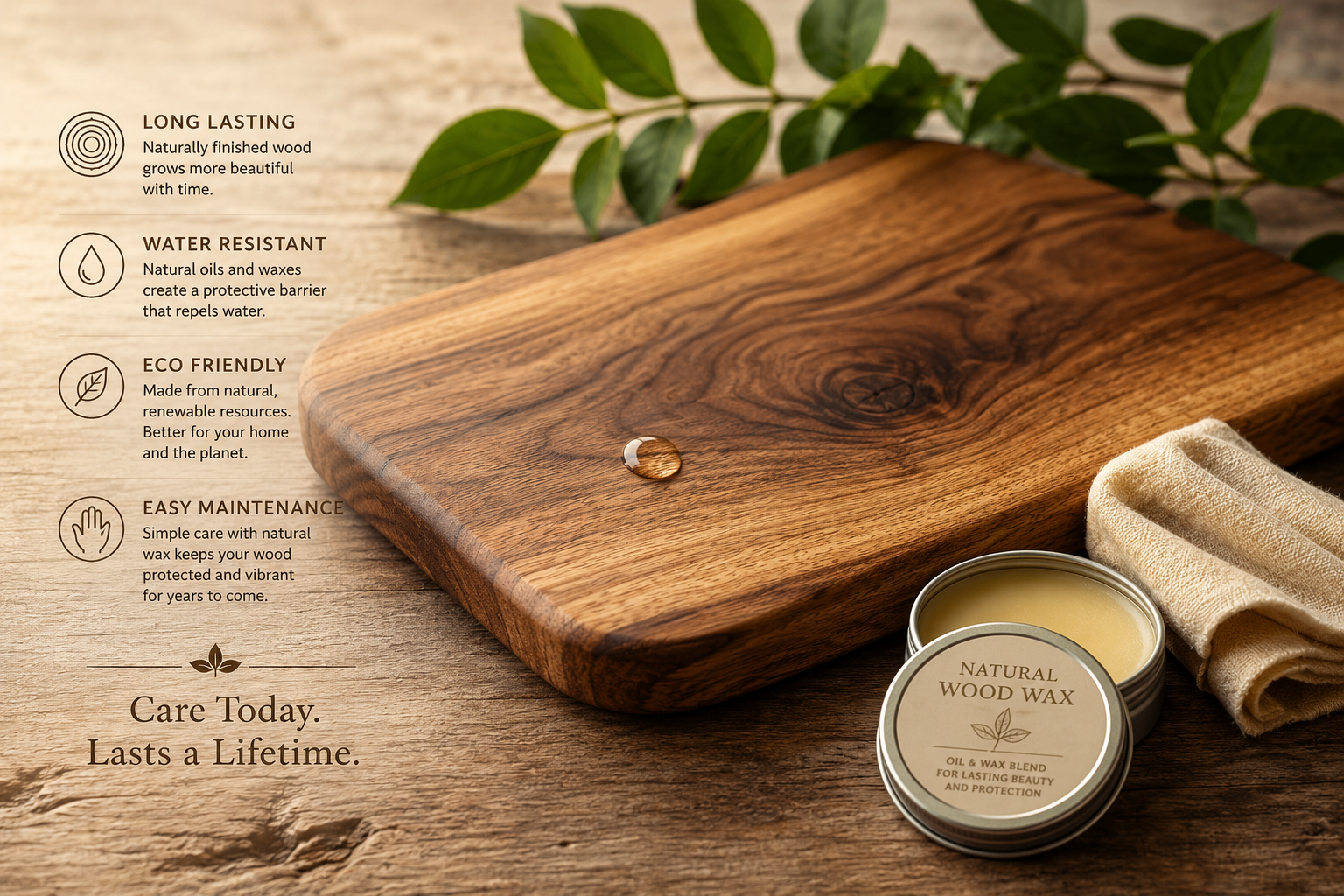 A detailed () image illustrating the long-term benefits and maintenance of naturally finished wood. The central focus is a