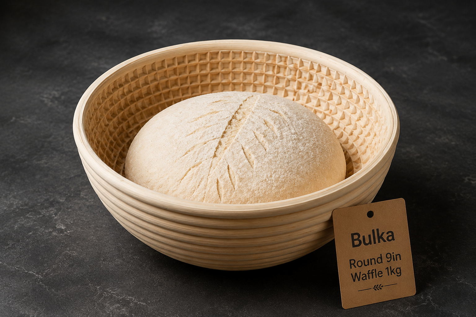 Side-angle product photograph of the Bulka Wood Pulp Banneton Large Round 9 inch Waffle 1kg basket isolated on a dark slate surface, highlighting the circular waffle pattern pressed into the interior walls. A round proofed sourdough boule sits inside. Small product tag reading 'Bulka Round 9in Waffle 1kg' leans against the basket. Studio lighting with soft shadows. Bulka Wood Pulp Banneton – Large Round 9" Waffle 1kg