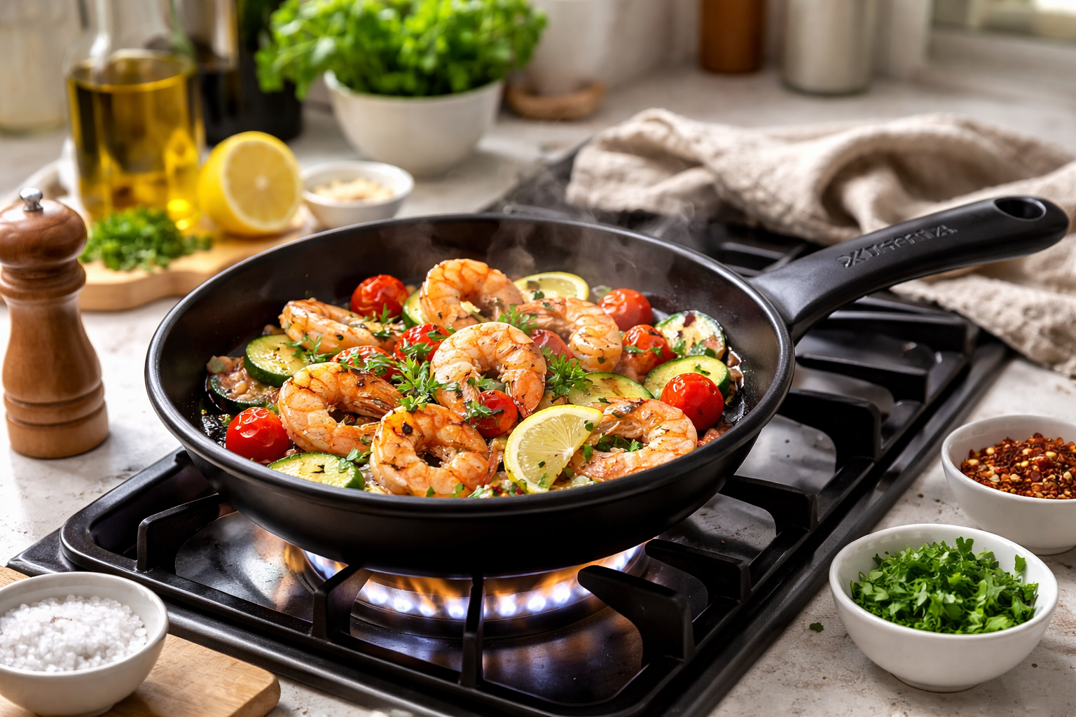 lifestyle image of Xtrema skillet being used for cooking with food sizzling