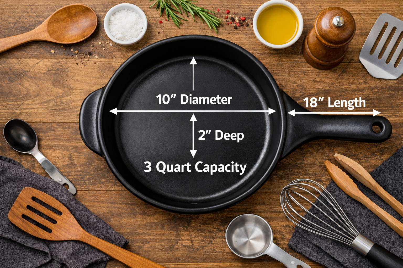 overhead view showing Xtrema skillet dimensions and capacity with cooking utensils
