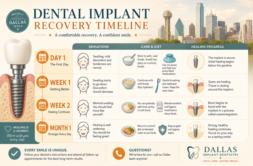 Detailed () image featuring a clear, infographic-style representation of a dental implant recovery timeline. The visual