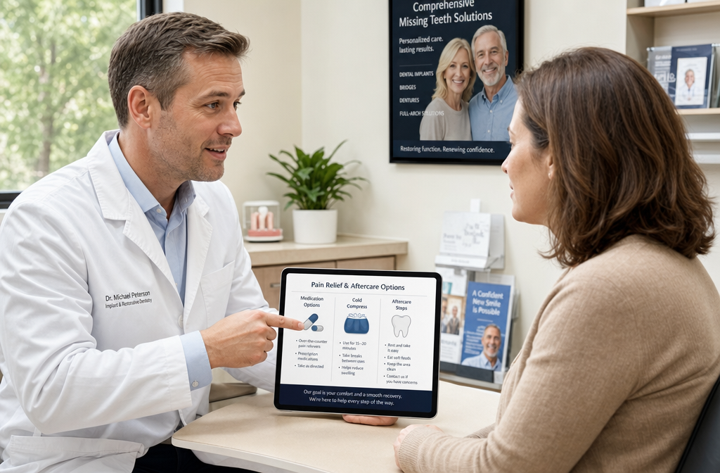 Detailed () image showing a dentist and patient engaged in a detailed discussion about pain management strategies, with a