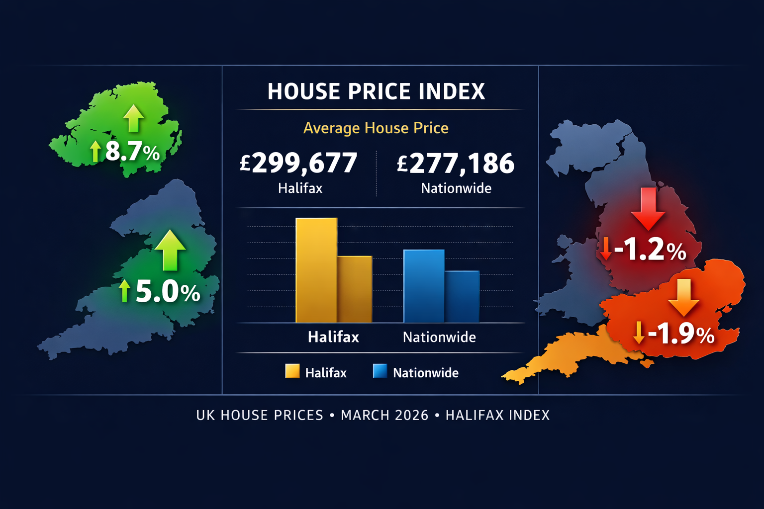 Detailed () infographic-style illustration showing a split UK map with regional house price performance arrows: Northern