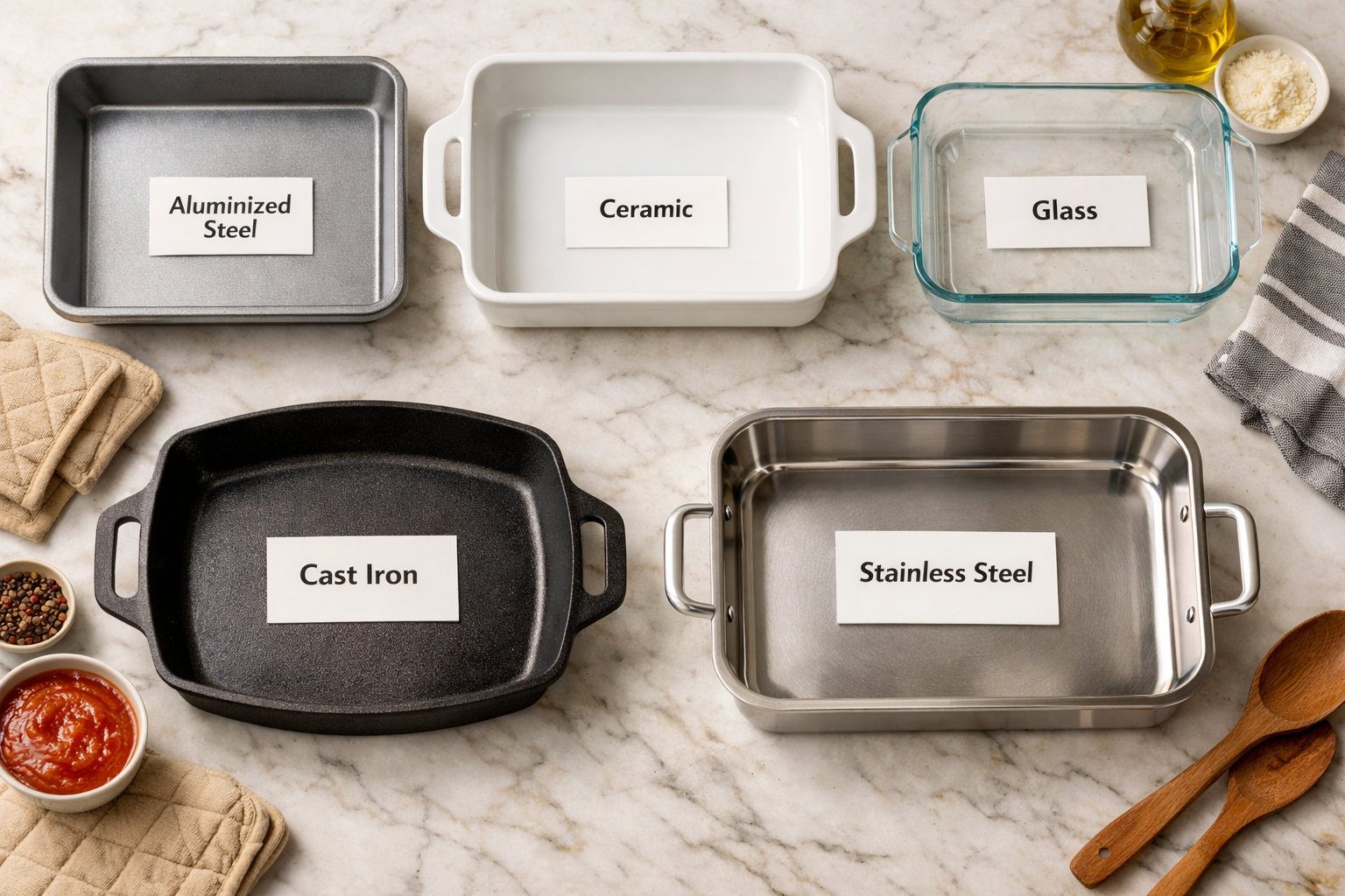 Landscape format (1536x1024) overhead flat-lay comparison photo of five different lasagna pan materials arranged on a marble countertop: alu
