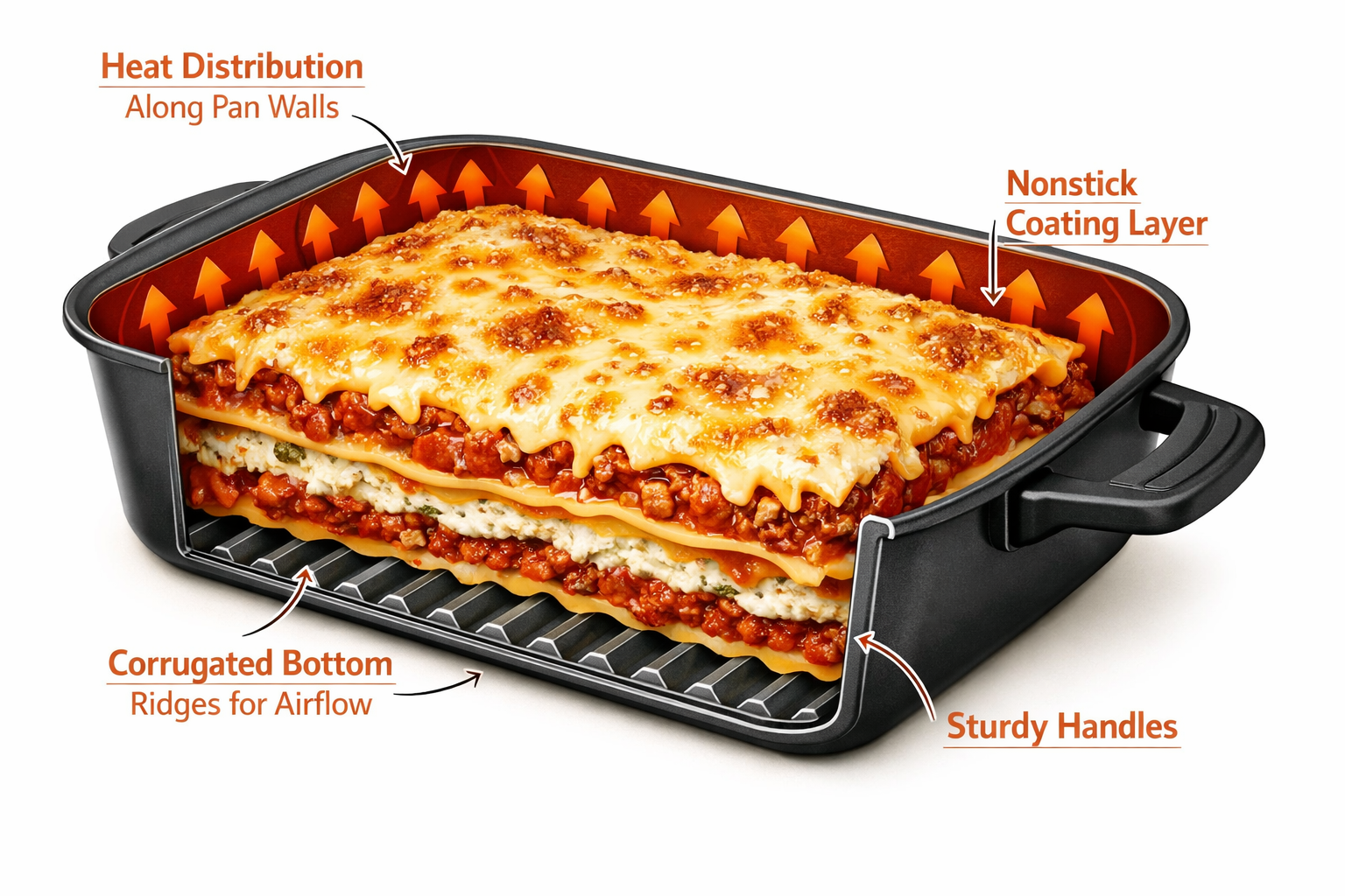 Landscape format (1536x1024) infographic-style editorial image showing a cross-section diagram of a lasagna inside a deep dish baking pan, w