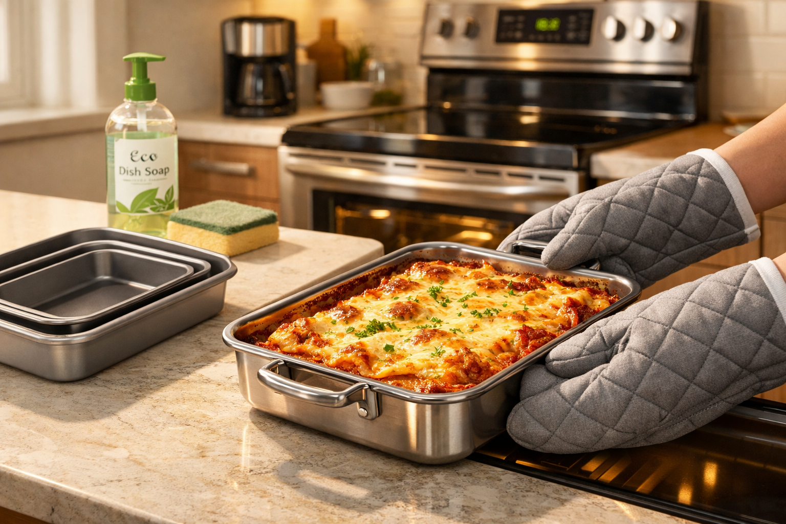 Landscape format (1536x1024) lifestyle kitchen scene showing hands in oven mitts pulling a perfectly baked lasagna from a modern oven in a b