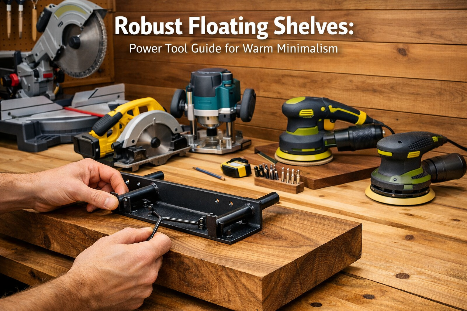 Landscape format (1536x1024) image illustrating an organized workshop with various power tools laid out neatly on a workbench, including a m