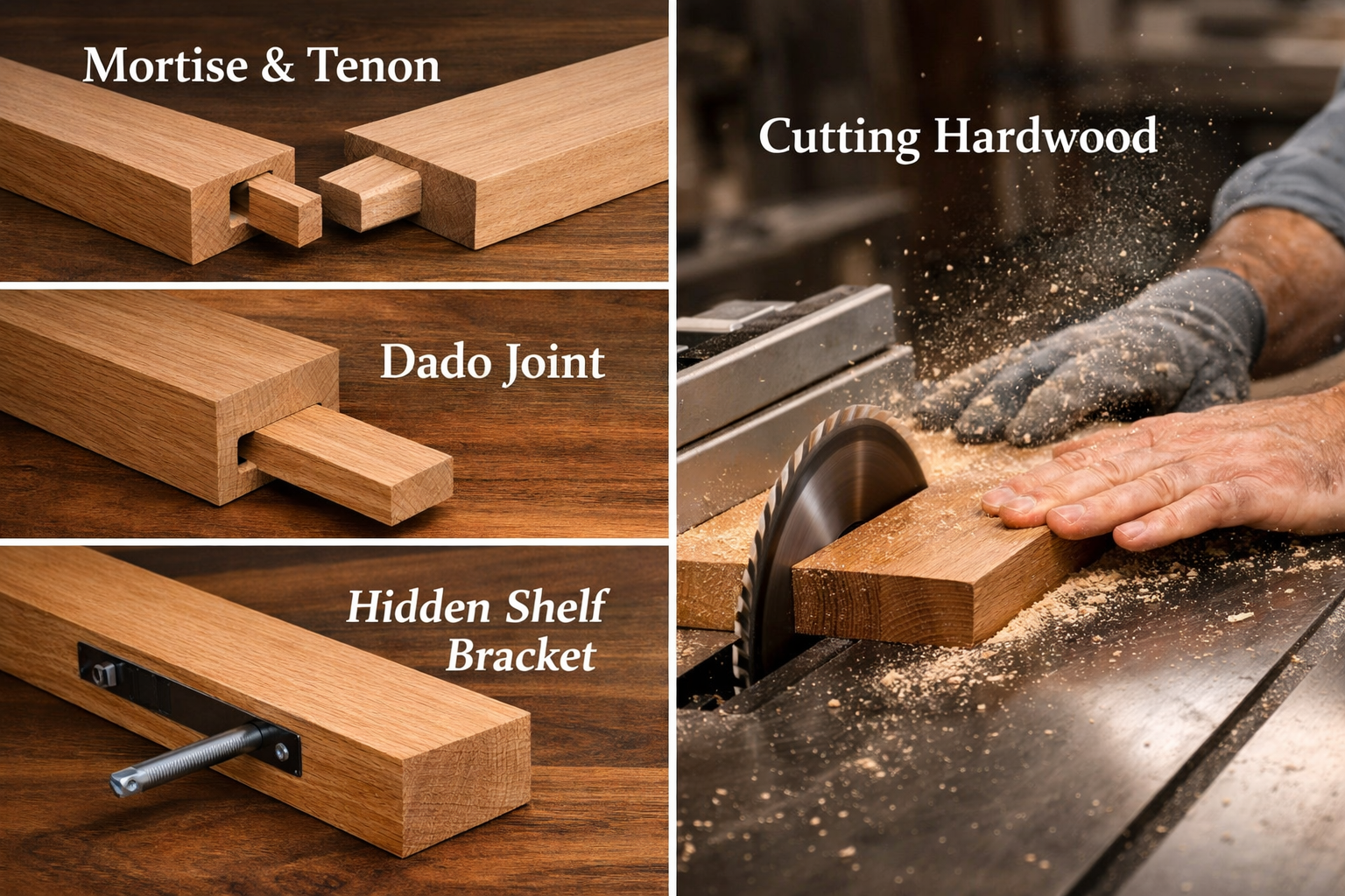 Landscape format (1536x1024) image displaying a close-up of different joinery techniques for floating shelves, such as mortise and tenon, da