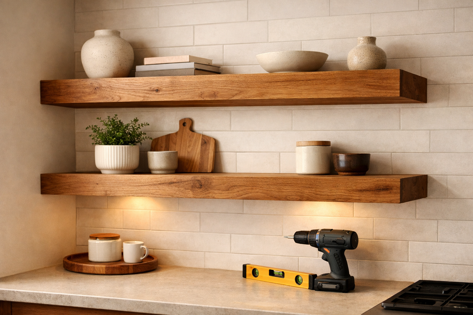 Landscape format (1536x1024) image of a completed kitchen corner featuring two large, thick, solid wood floating shelves installed above a c