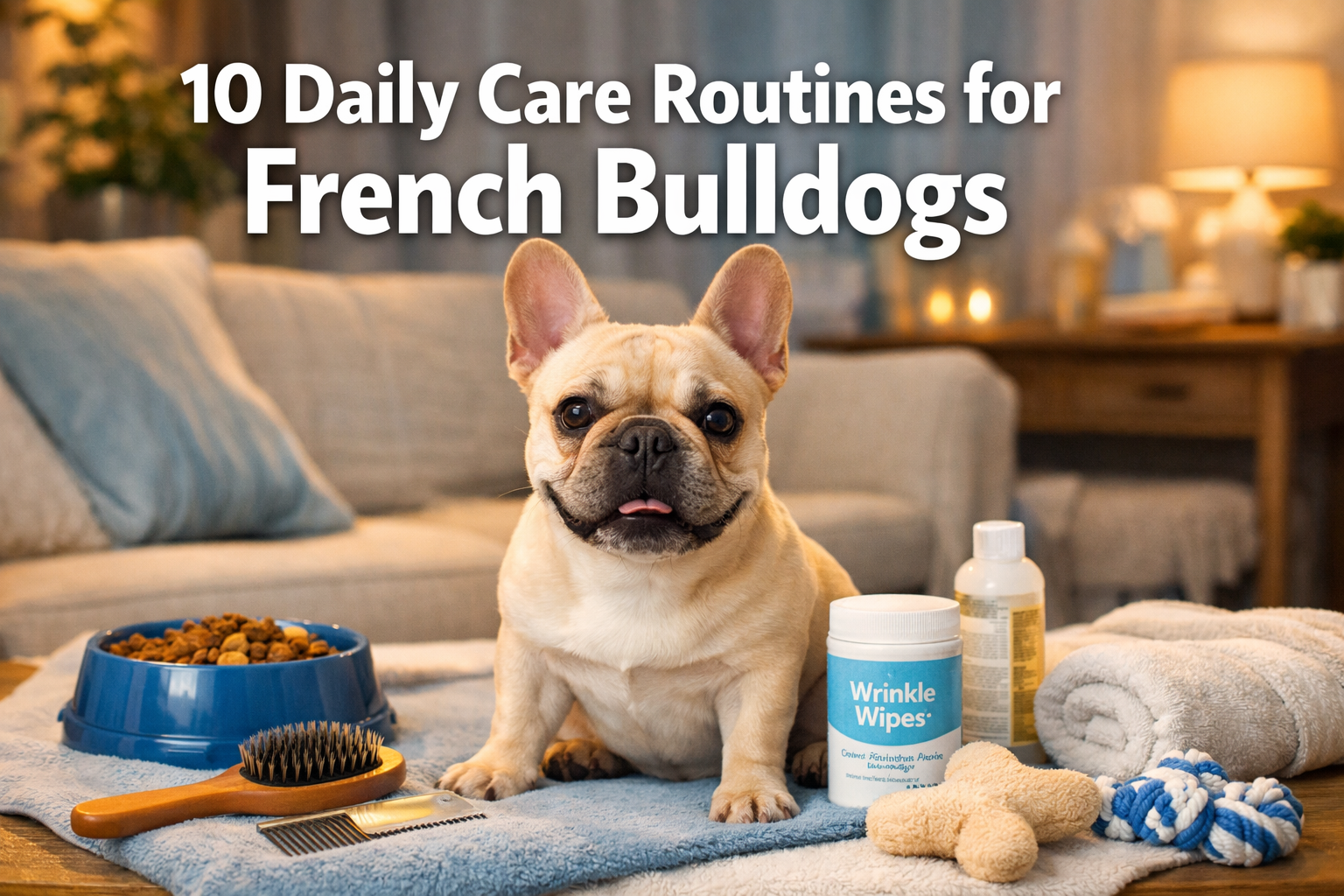 Professional landscape format (1536x1024) hero image featuring bold text overlay '10 Daily Care Routines for French Bulldogs' in extra large