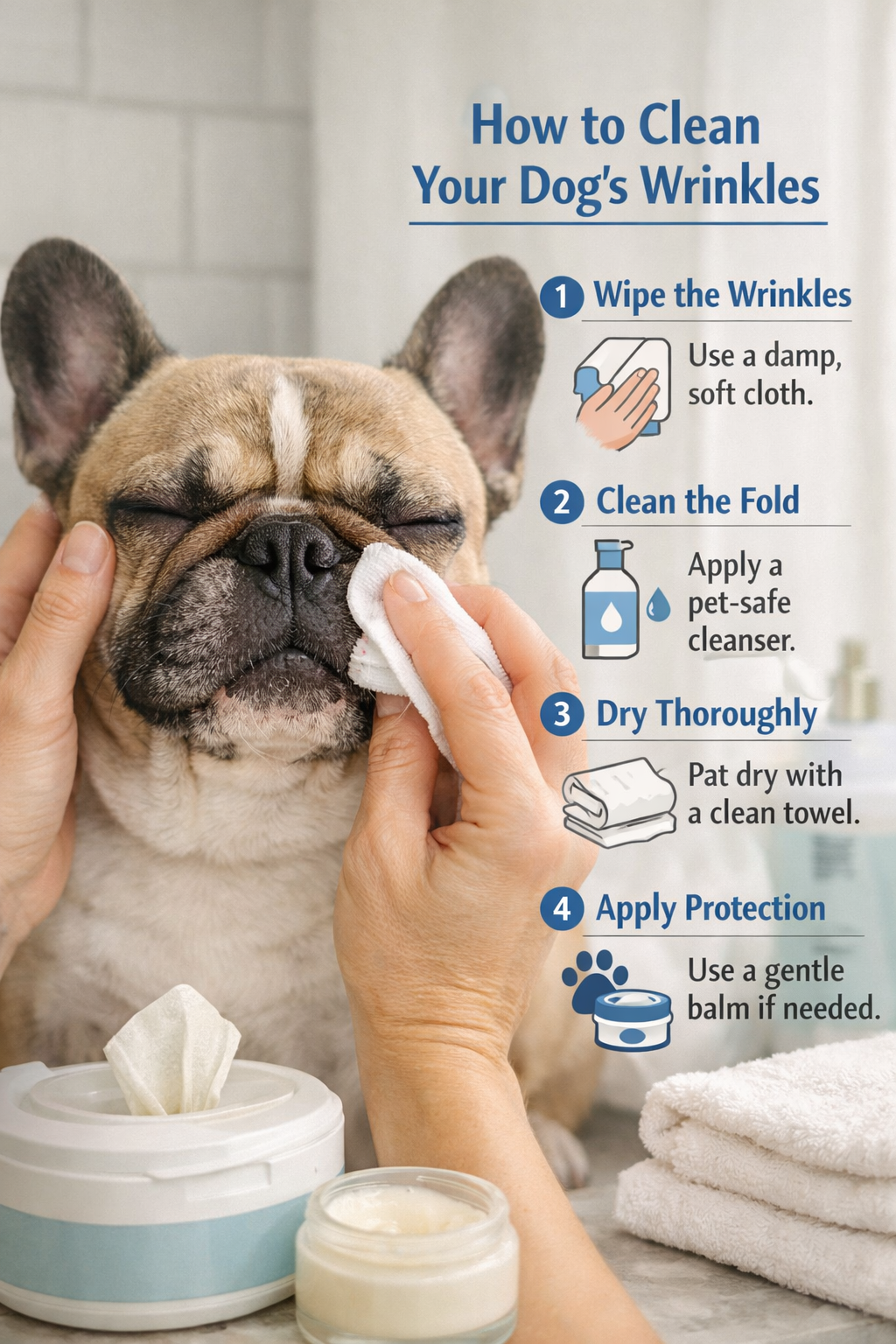Portrait format (1024x1536) image showing French Bulldog's face being gently cleaned with soft cloth, focusing on facial wrinkles and folds.