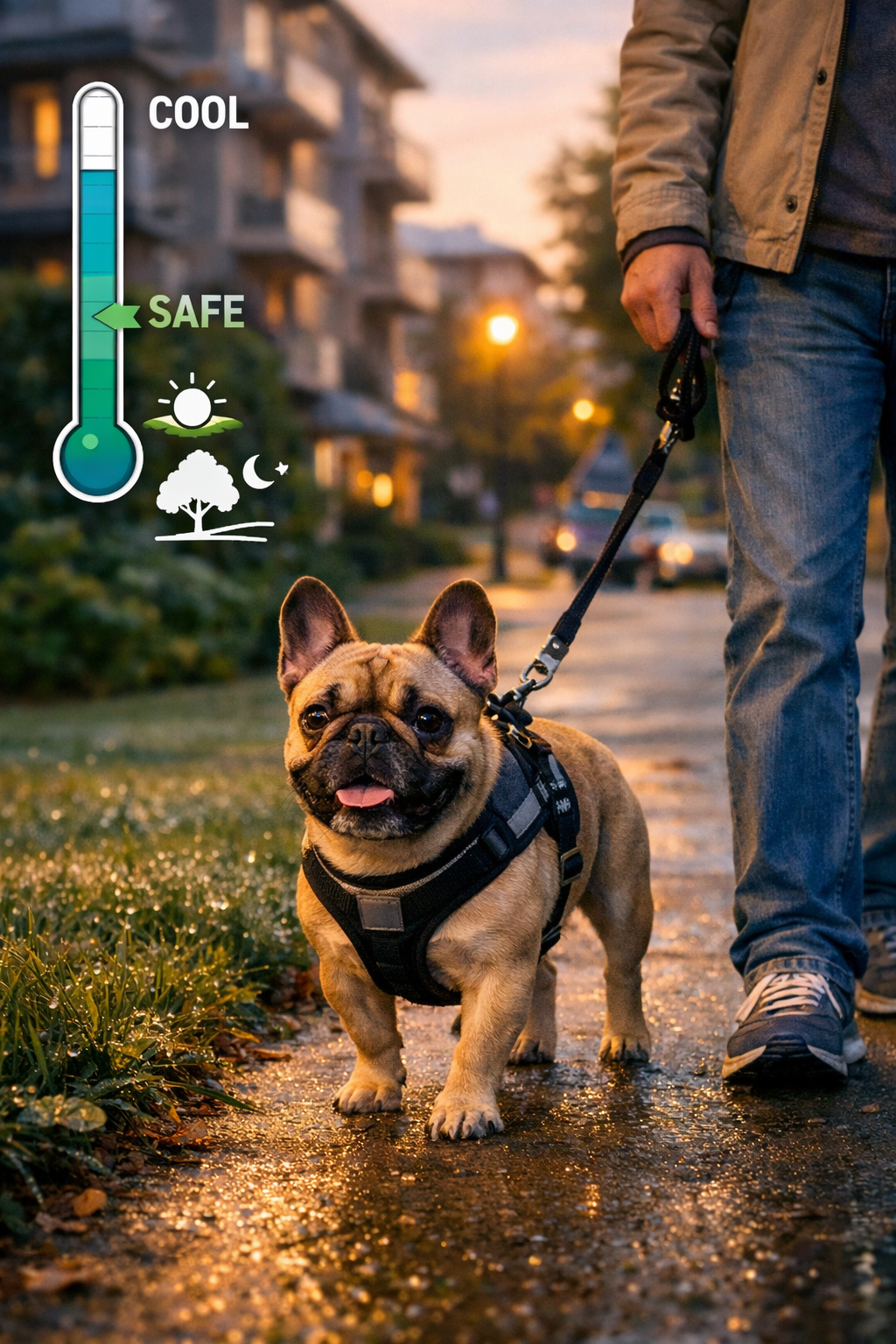 Portrait format (1024x1536) image of French Bulldog on gentle walk in early morning or evening light, wearing proper harness. Owner beside d