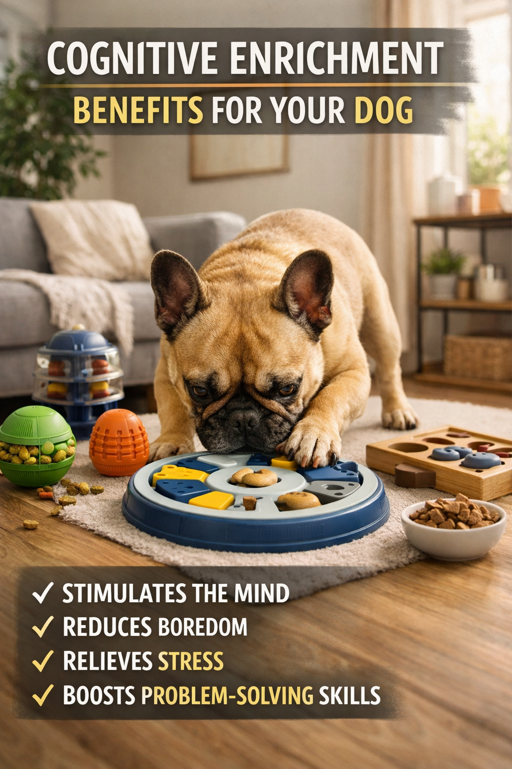Portrait format (1024x1536) image showing French Bulldog engaged with puzzle toy or interactive feeder in cozy living room. Mental stimulati