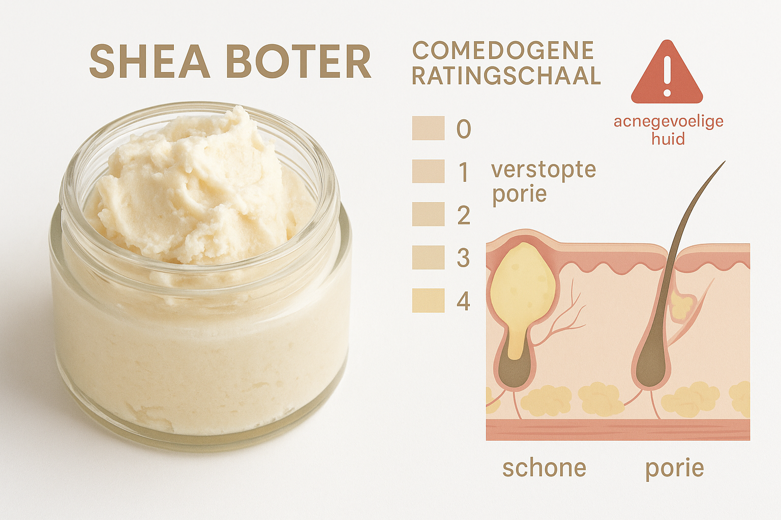 Detailed editorial image (1536x1024) showing close-up of textured shea butter in glass jar with comedogenic rating scale overlay, skin pore 