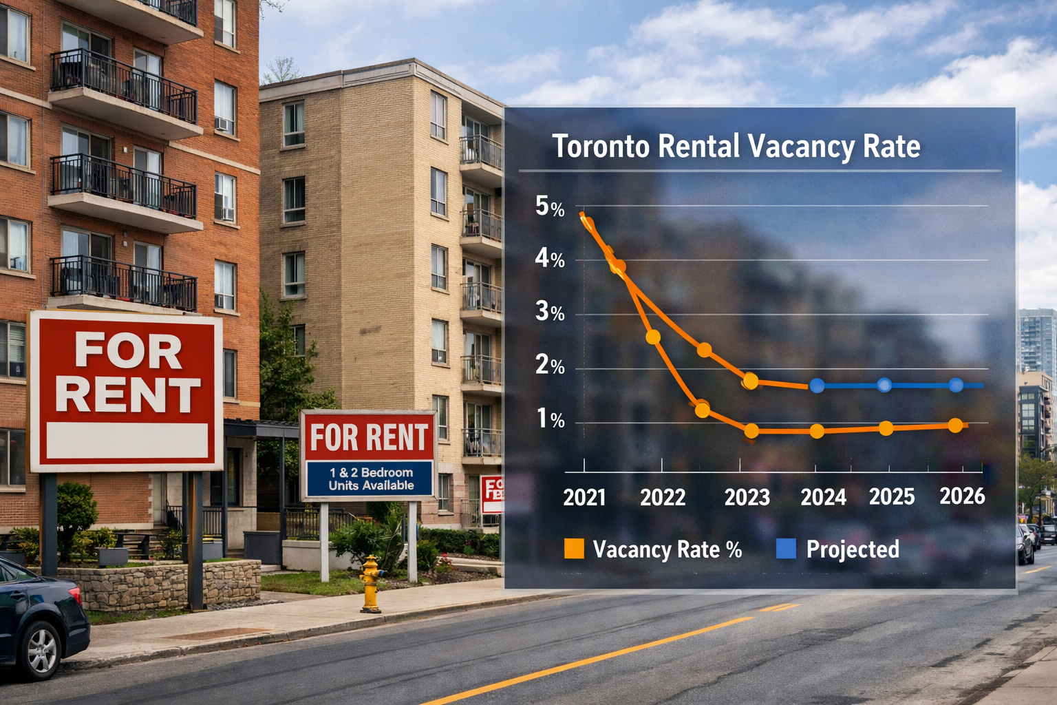 Wide-angle street-level photograph of a row of Toronto multi-family rental apartment buildings with 'For Rent' signs,