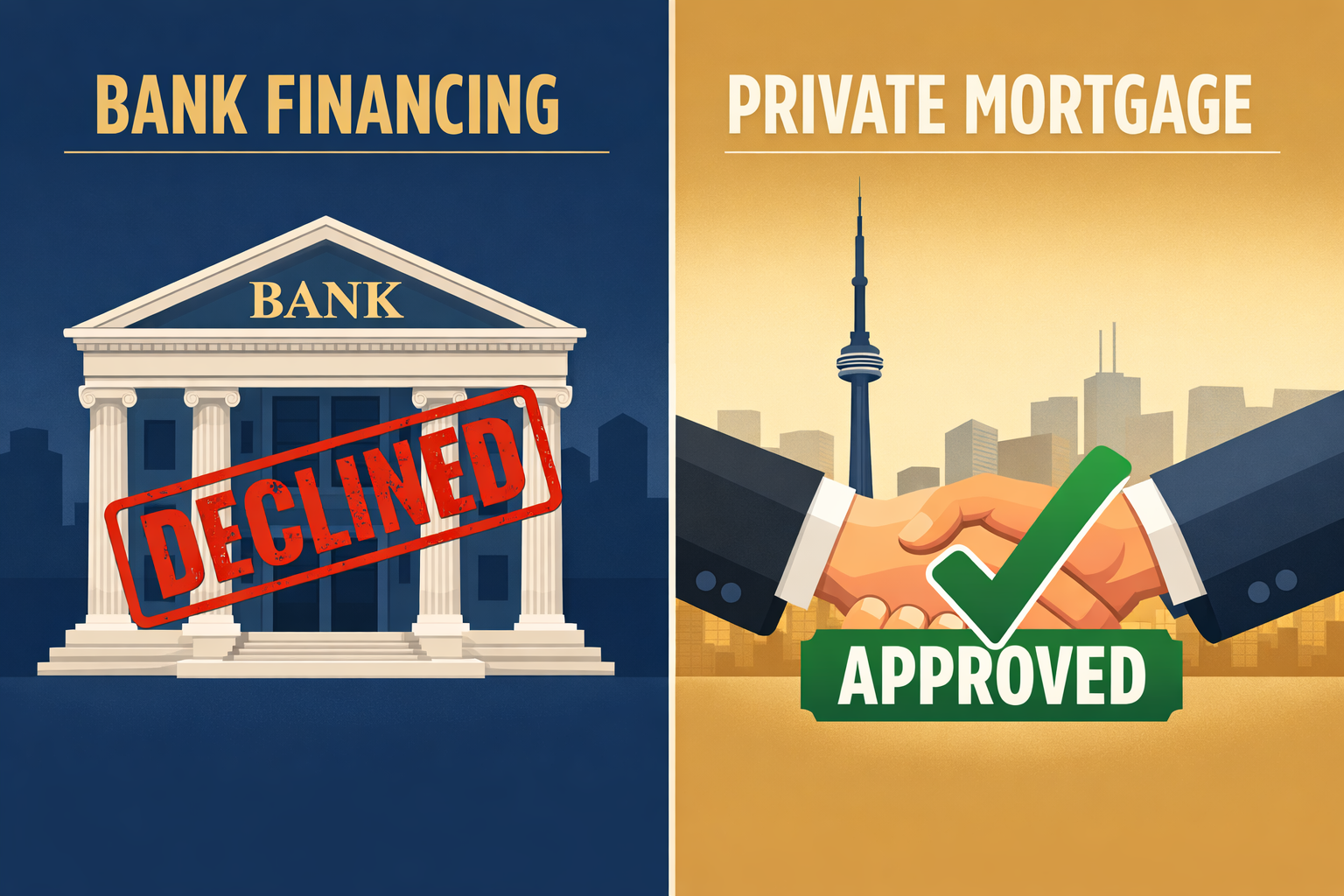 Split-composition infographic-style image: left side shows a traditional bank building with a red 'declined' stamp , right