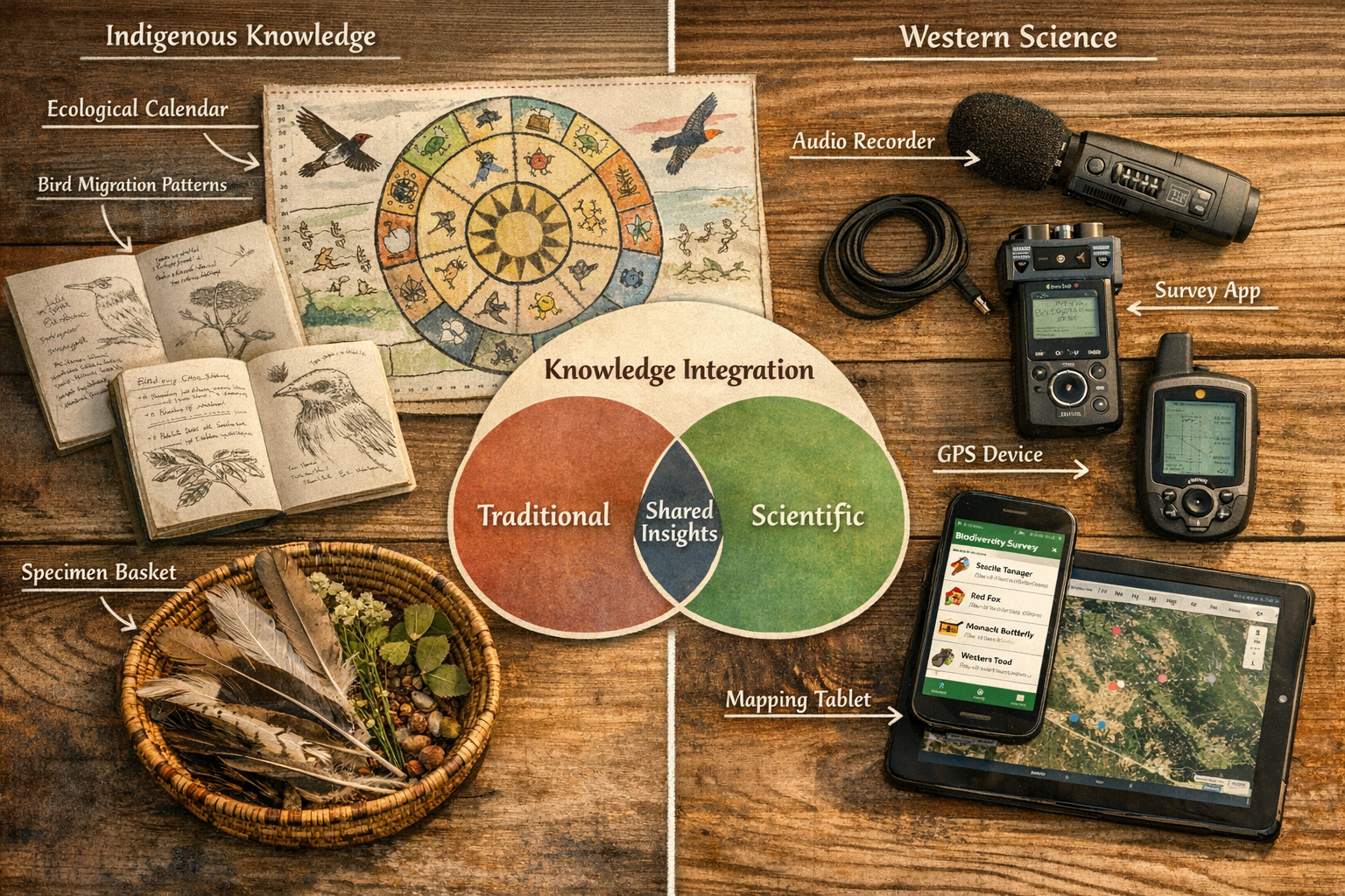 Detailed () image showing side-by-side comparison methodology: left panel displays Indigenous knowledge documentation with