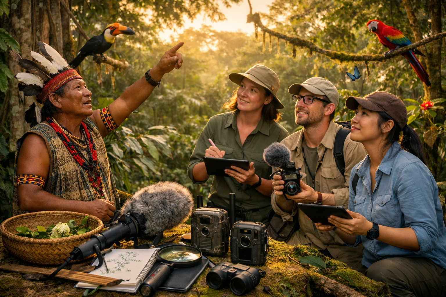 Detailed () collaborative field research scene in tropical rainforest setting showing Indigenous knowledge holder (wearing