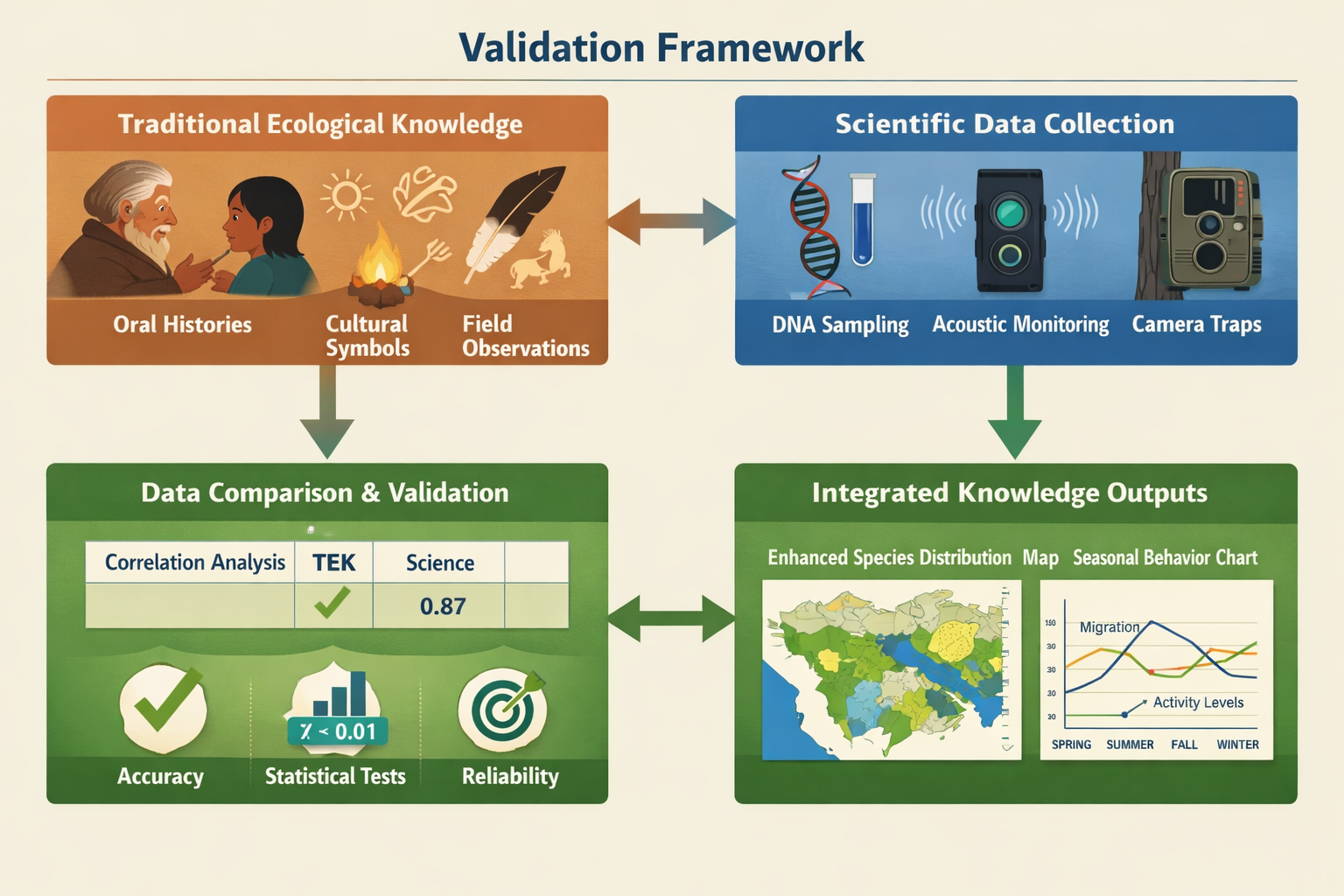Detailed () professional infographic-style image showing validation framework flowchart with four distinct quadrants: