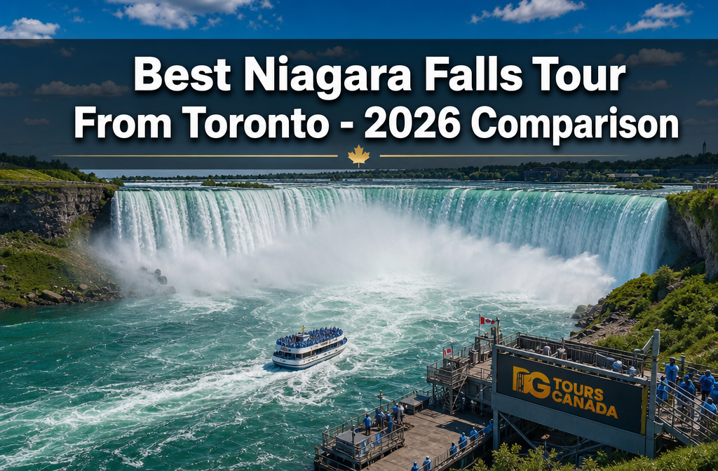 Professional () hero image with : 'Best Niagara Falls Tour From Toronto - 2026 Comparison' in extra large white with dark