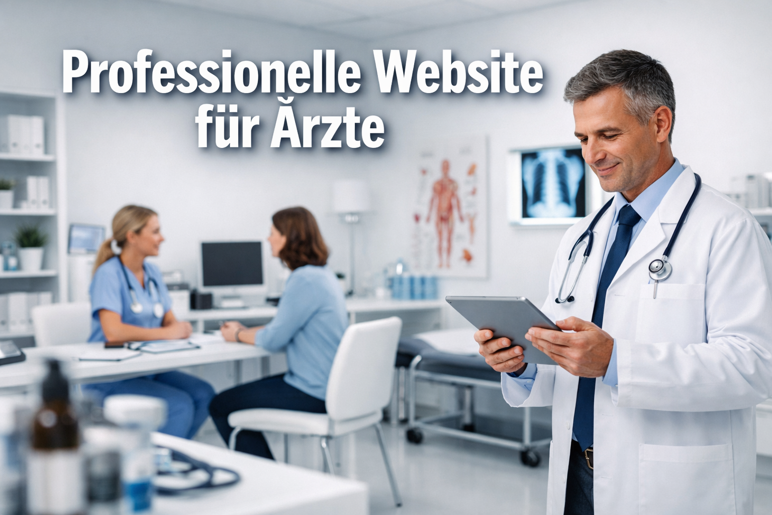 Professional landscape format (1536x1024) hero image featuring bold text overlay 'Professionelle Website f&uuml;r &Auml;rzte' in extra large 72pt whit
