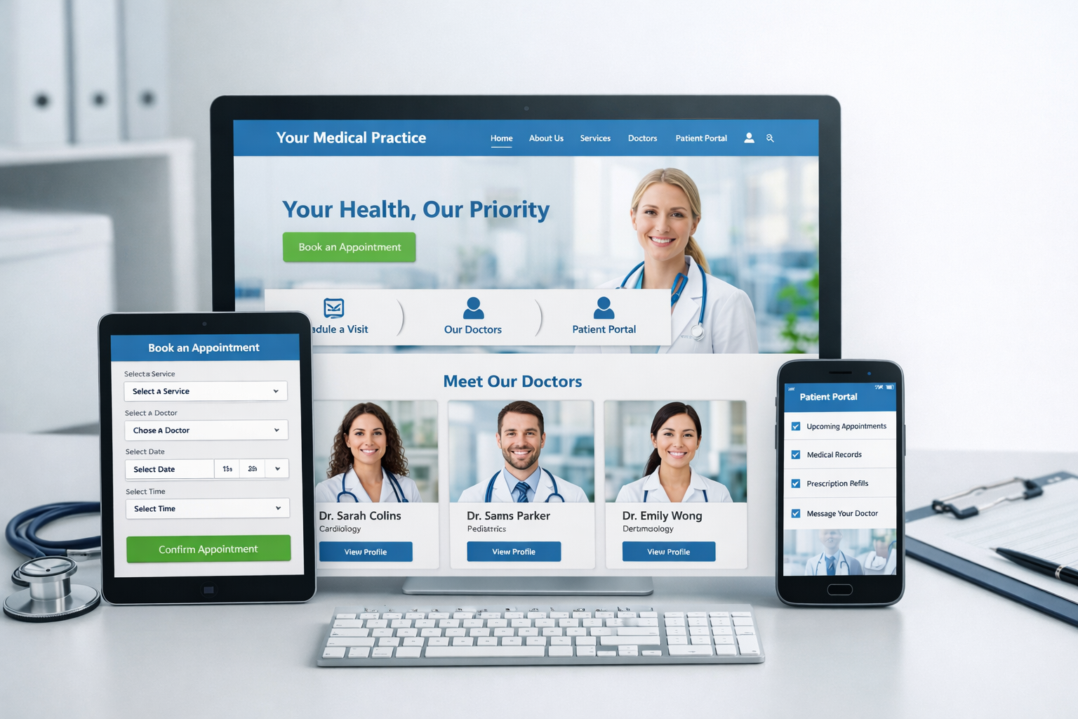 Landscape format (1536x1024) image showing modern medical practice website design on multiple devices - desktop computer, tablet, and smartp