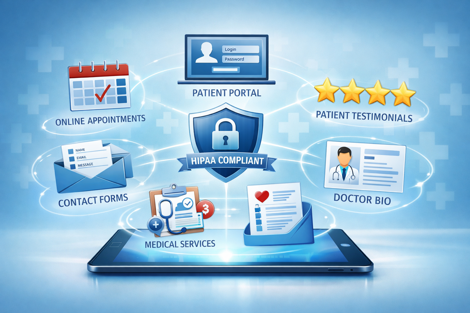 Landscape format (1536x1024) conceptual illustration displaying essential website features for medical practices as interconnected icons flo