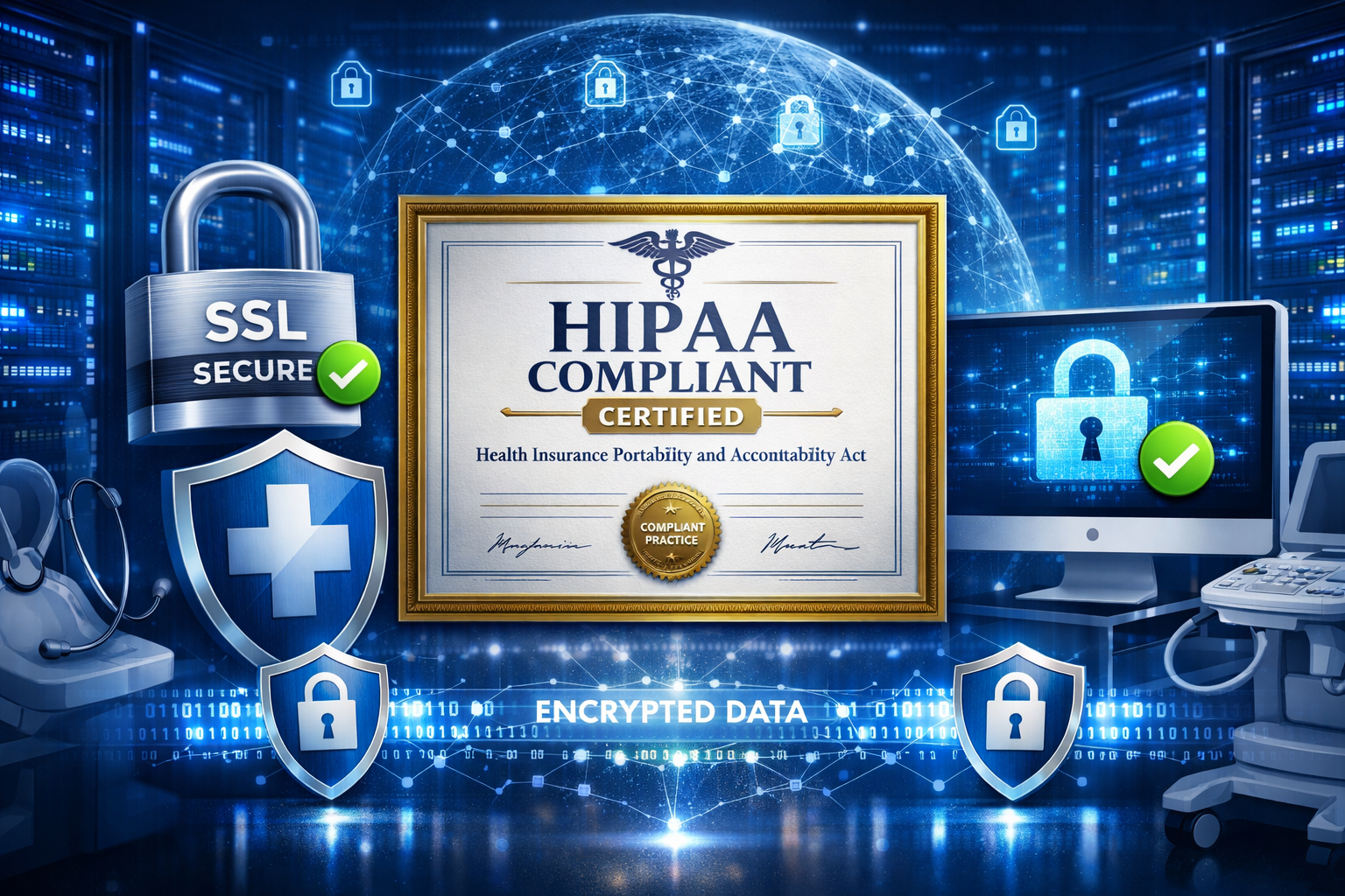 Landscape format (1536x1024) image showcasing website security and compliance elements for medical practices. Central focus on HIPAA complia