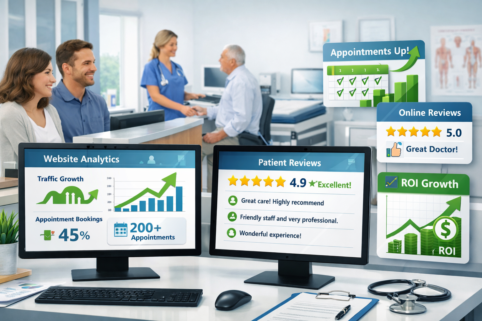 Landscape format (1536x1024) image depicting medical practice growth and success metrics through professional website implementation. Shows 