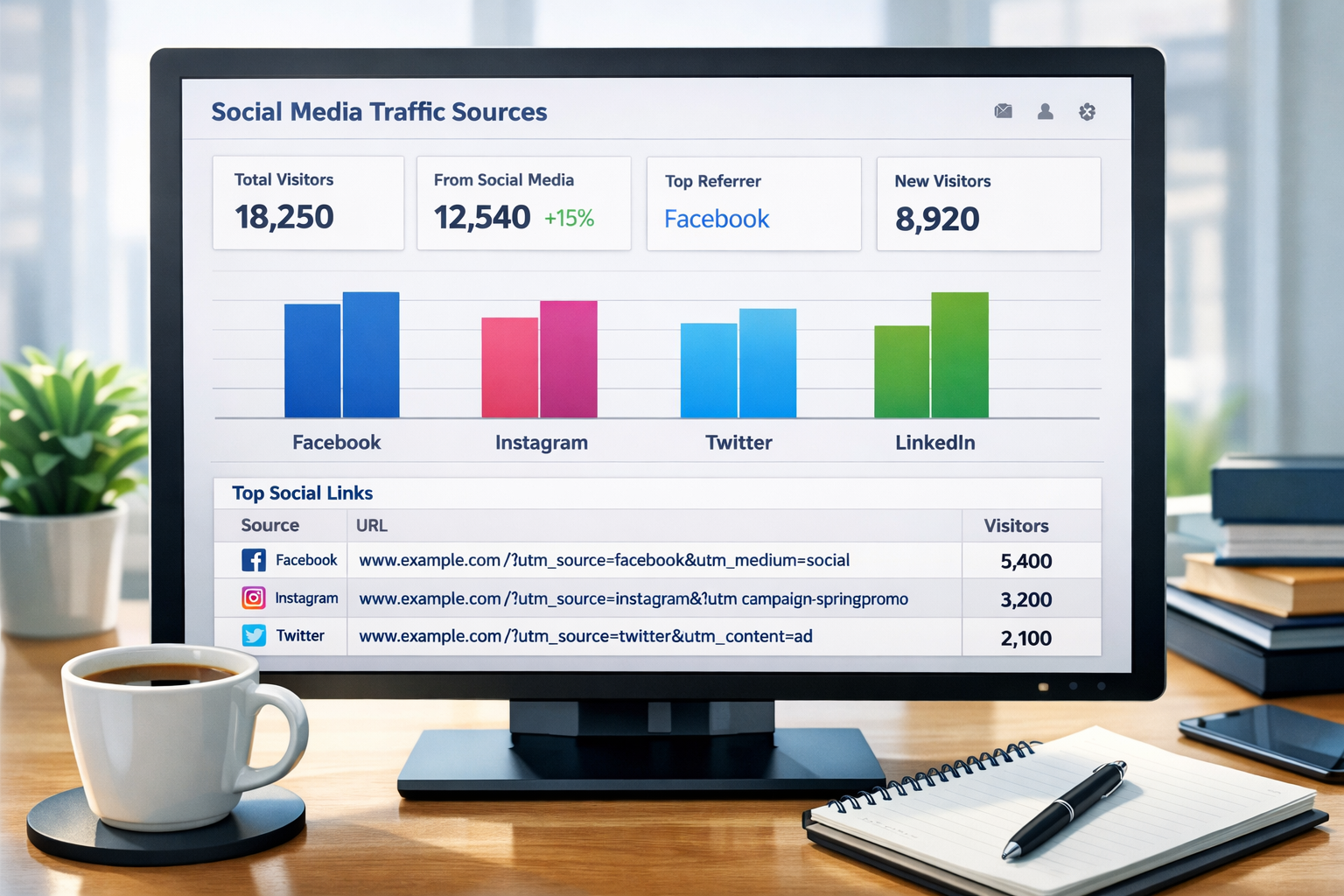 Detailed landscape format (1536x1024) editorial illustration showing a modern analytics dashboard interface on a desktop computer screen dis