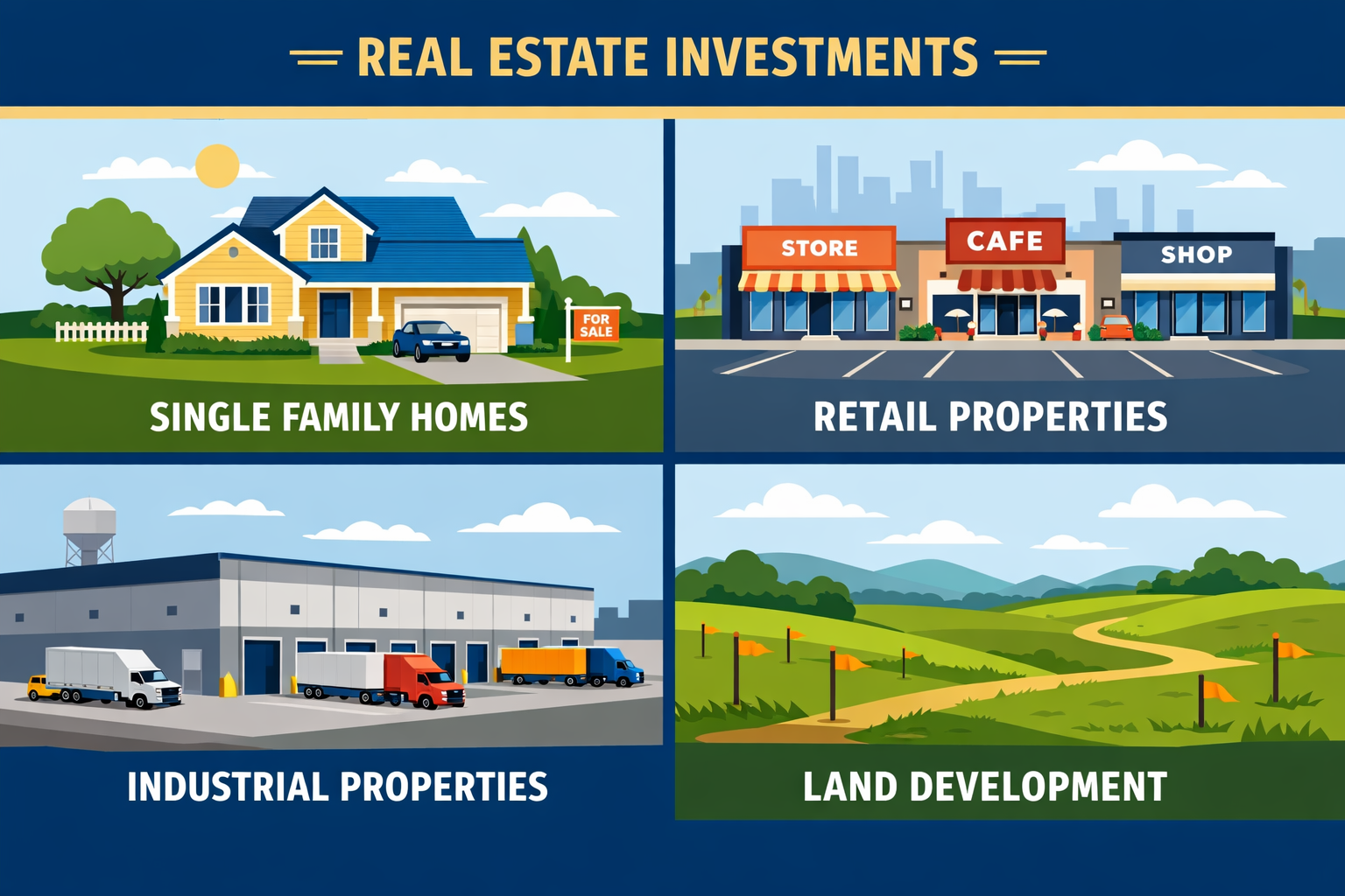 () detailed infographic-style illustration showing four quadrants representing the four real estate investment types: