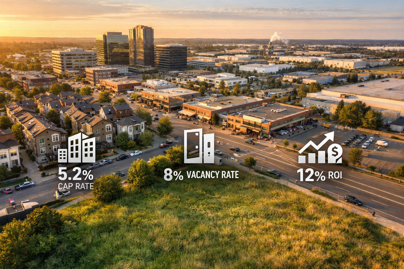() aerial drone-perspective photograph of a mixed urban neighborhood showing a residential street of townhomes transitioning