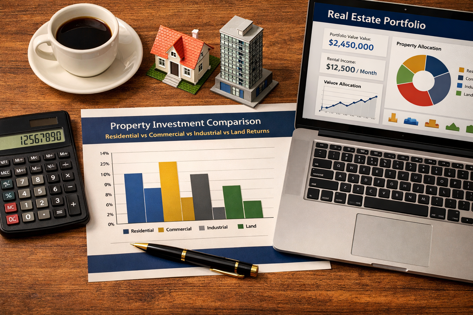 () close-up flat-lay styled image of a real estate investor's desk: a property investment comparison chart showing