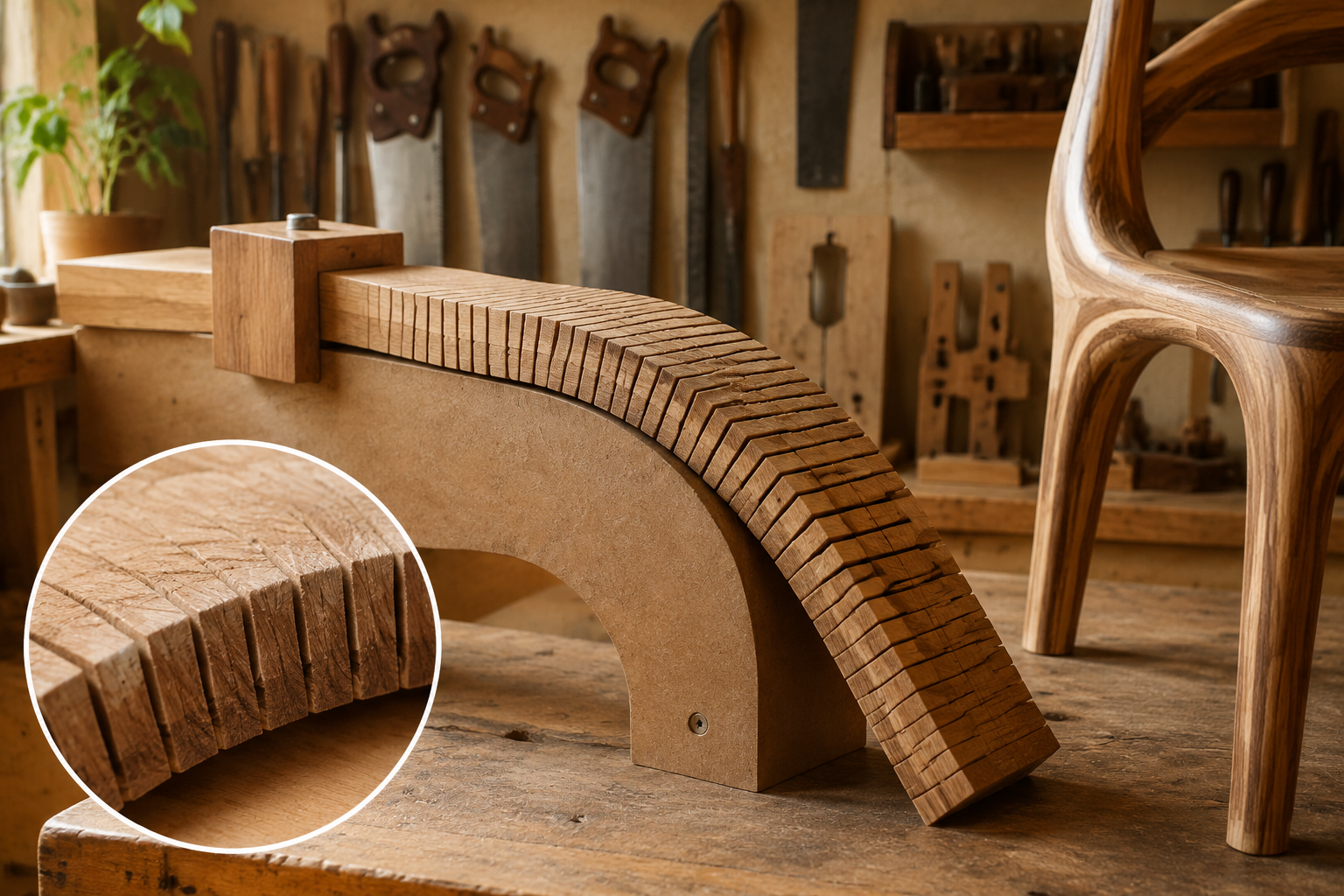 A detailed landscape image () showcasing the kerf bending process: a workbench with a precisely cut kerfed wooden panel