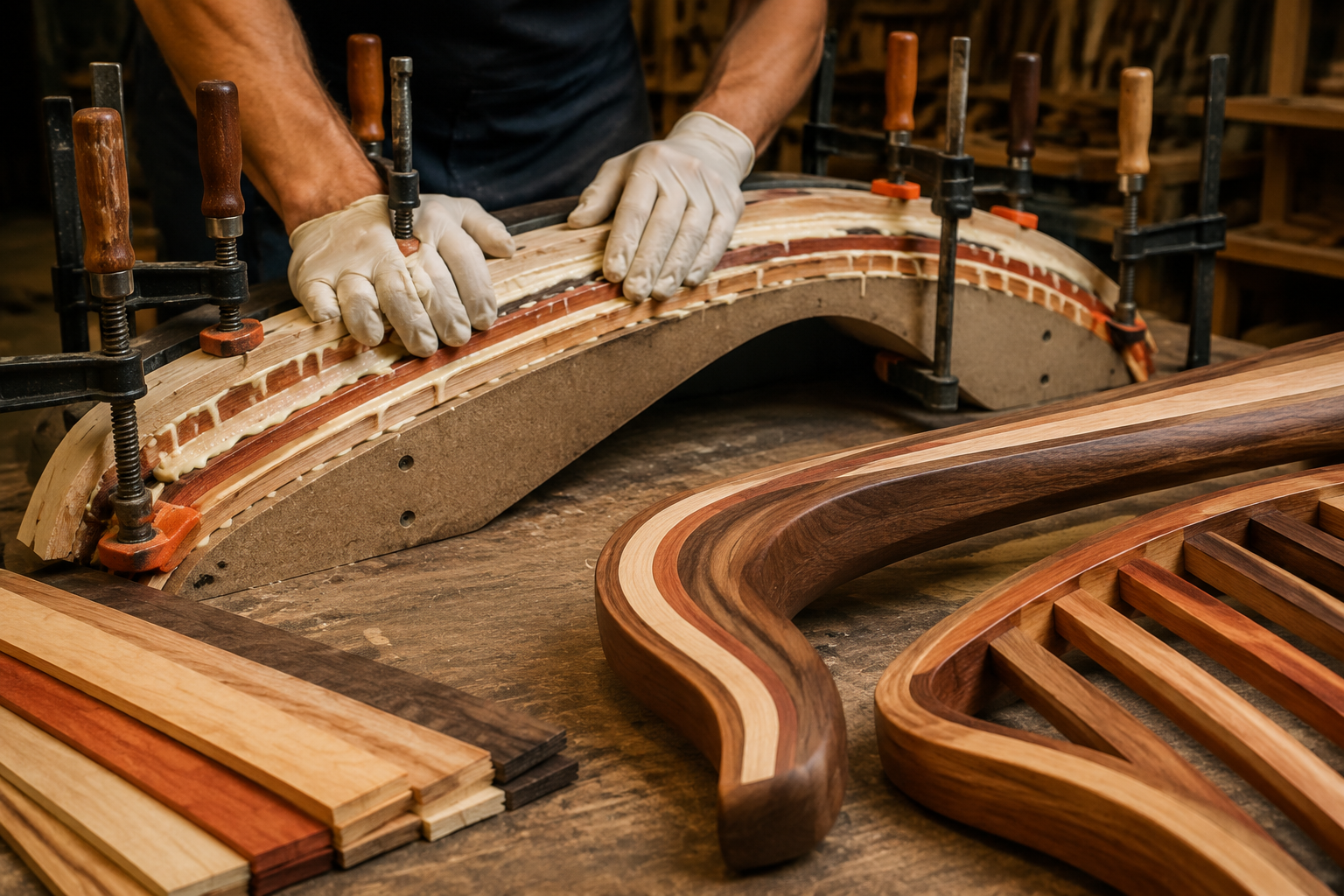 A landscape image () illustrating the wood lamination process: thin strips of various hardwoods (e.g., walnut, maple,