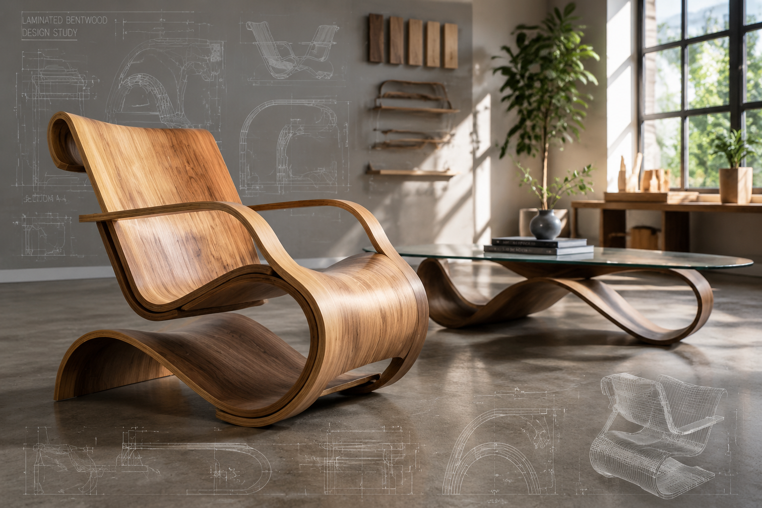 A detailed landscape image () depicting contemporary furniture designs created using advanced wood bending techniques. A