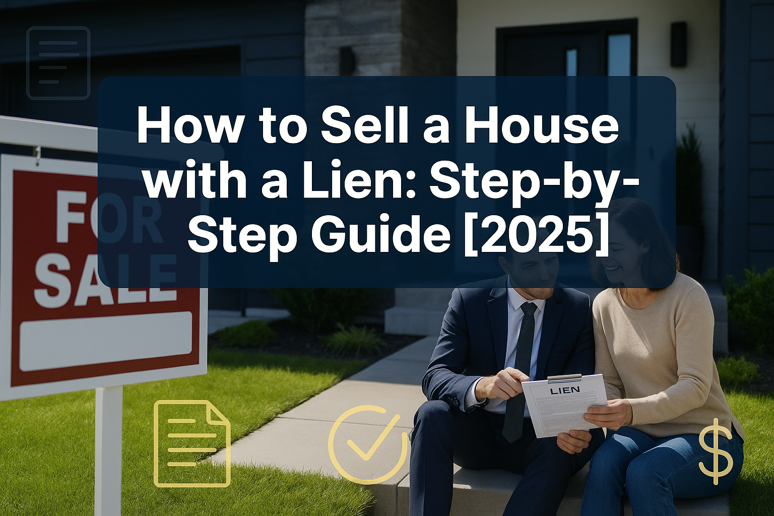 Professional landscape hero image (1536x1024) featuring bold text overlay 'How to Sell a House with a Lien: Step-by-Step Guide [2025]' in ex