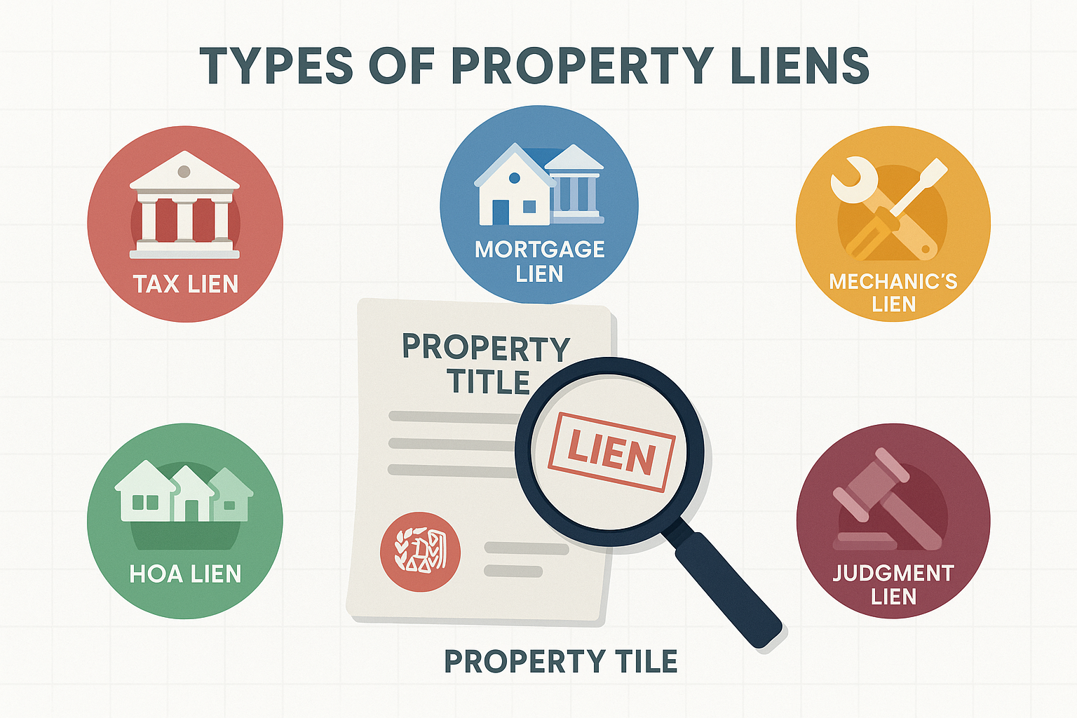 Detailed infographic illustration (1536x1024) showing six different types of property liens arranged in circular badge format: tax lien with