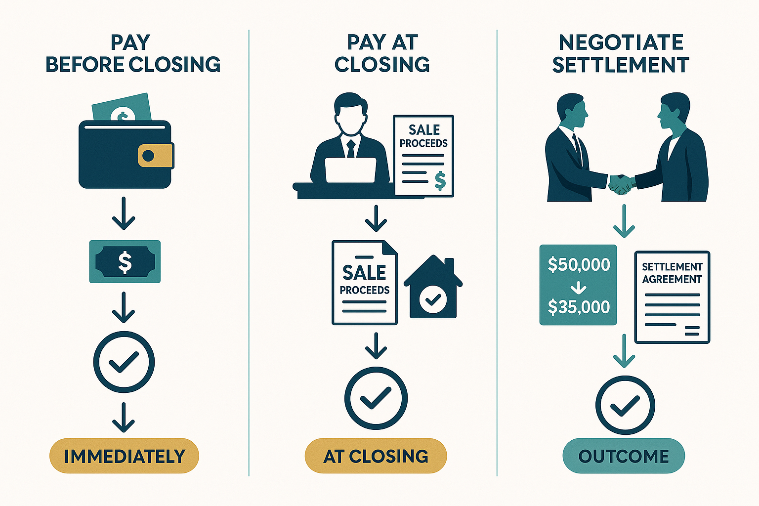 Professional landscape illustration (1536x1024) depicting three payment pathways for resolving property liens, shown as three distinct colum