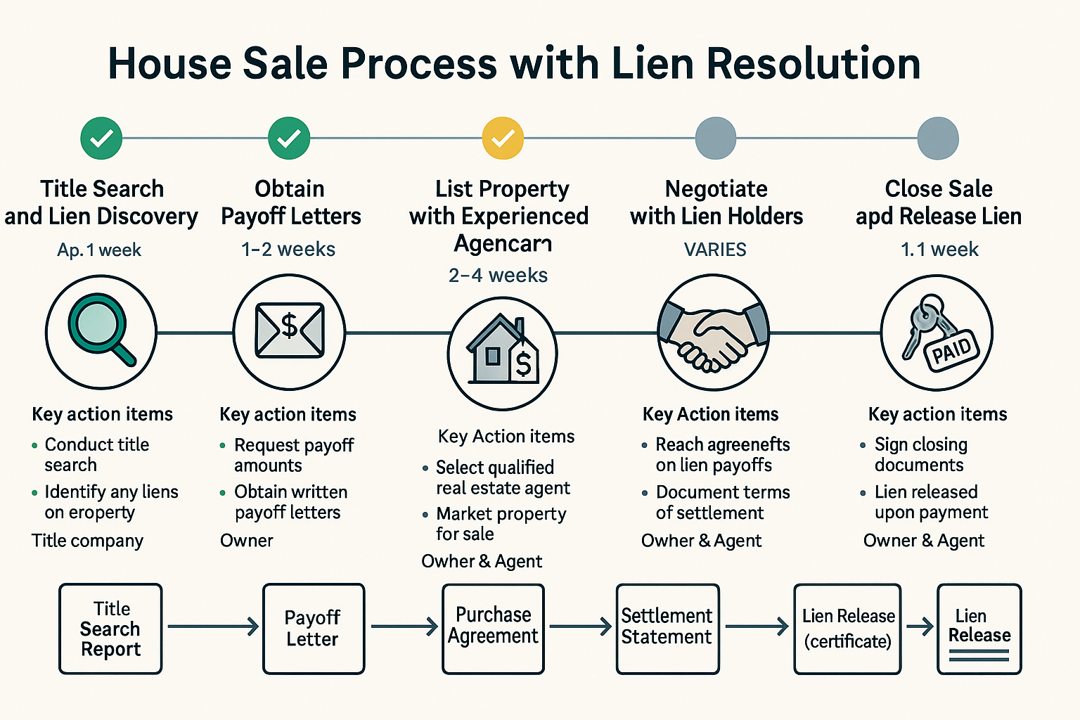 Detailed step-by-step timeline infographic (1536x1024) showing the complete house sale process with lien resolution from start to finish. Ho