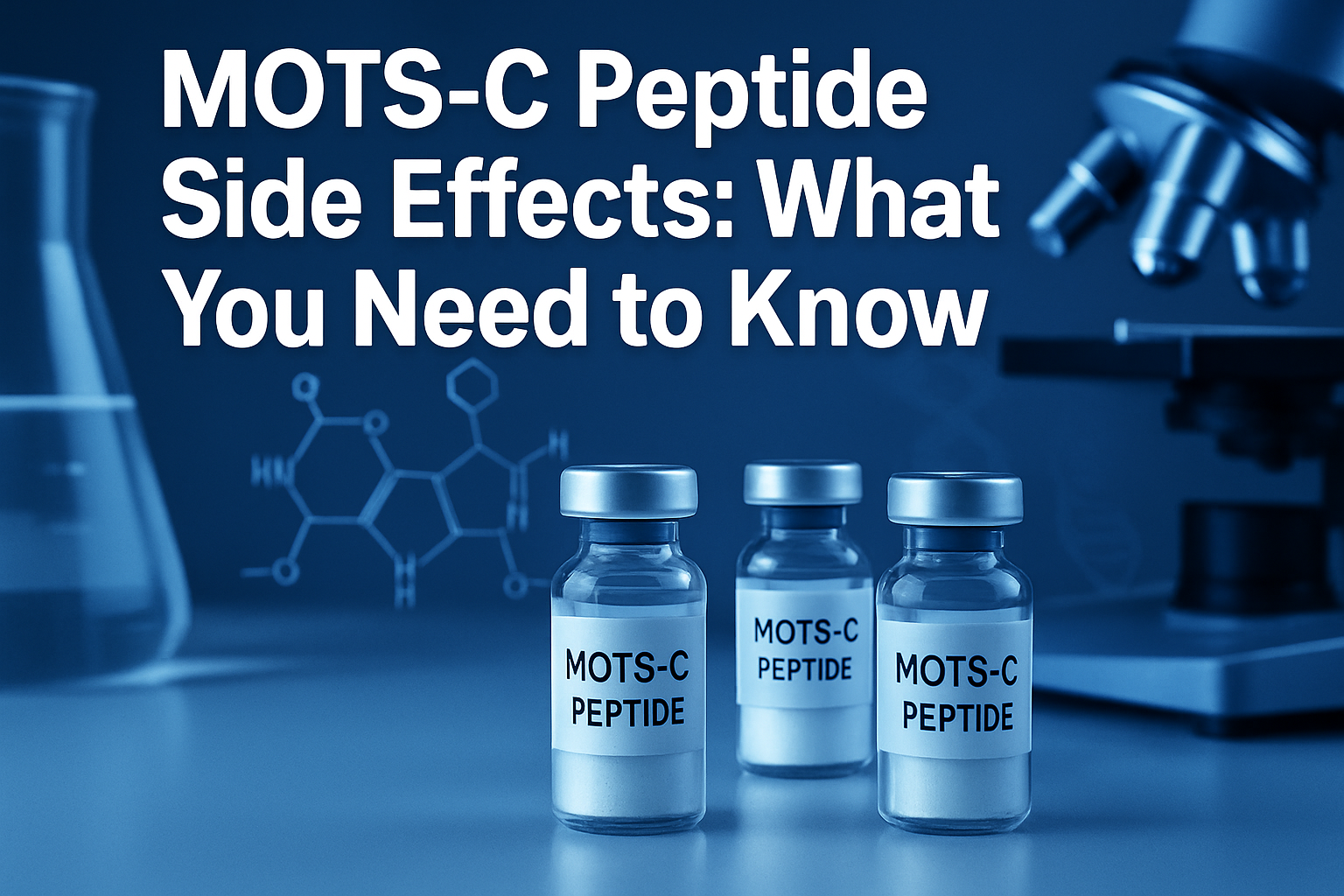 Professional landscape hero image (1536x1024) featuring bold text overlay 'MOTS-C Peptide Side Effects: What You Need to Know' in extra larg