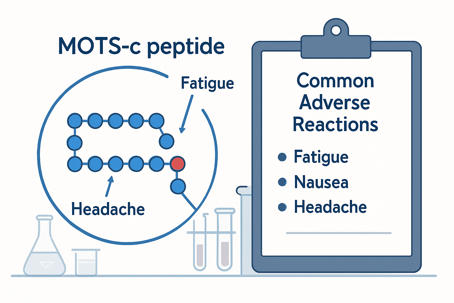 Clinical research illustration showing MOTS-C peptide molecular structure with highlighted side effect indicators, medical chart displaying 