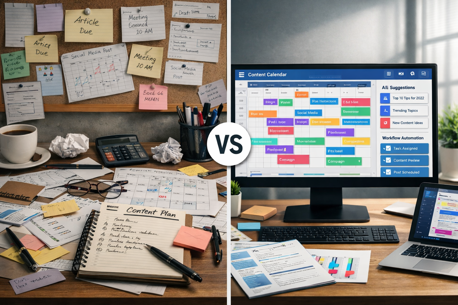 Detailed landscape format (1536x1024) image showing split-screen comparison of traditional vs automated editorial planning. Left side displa