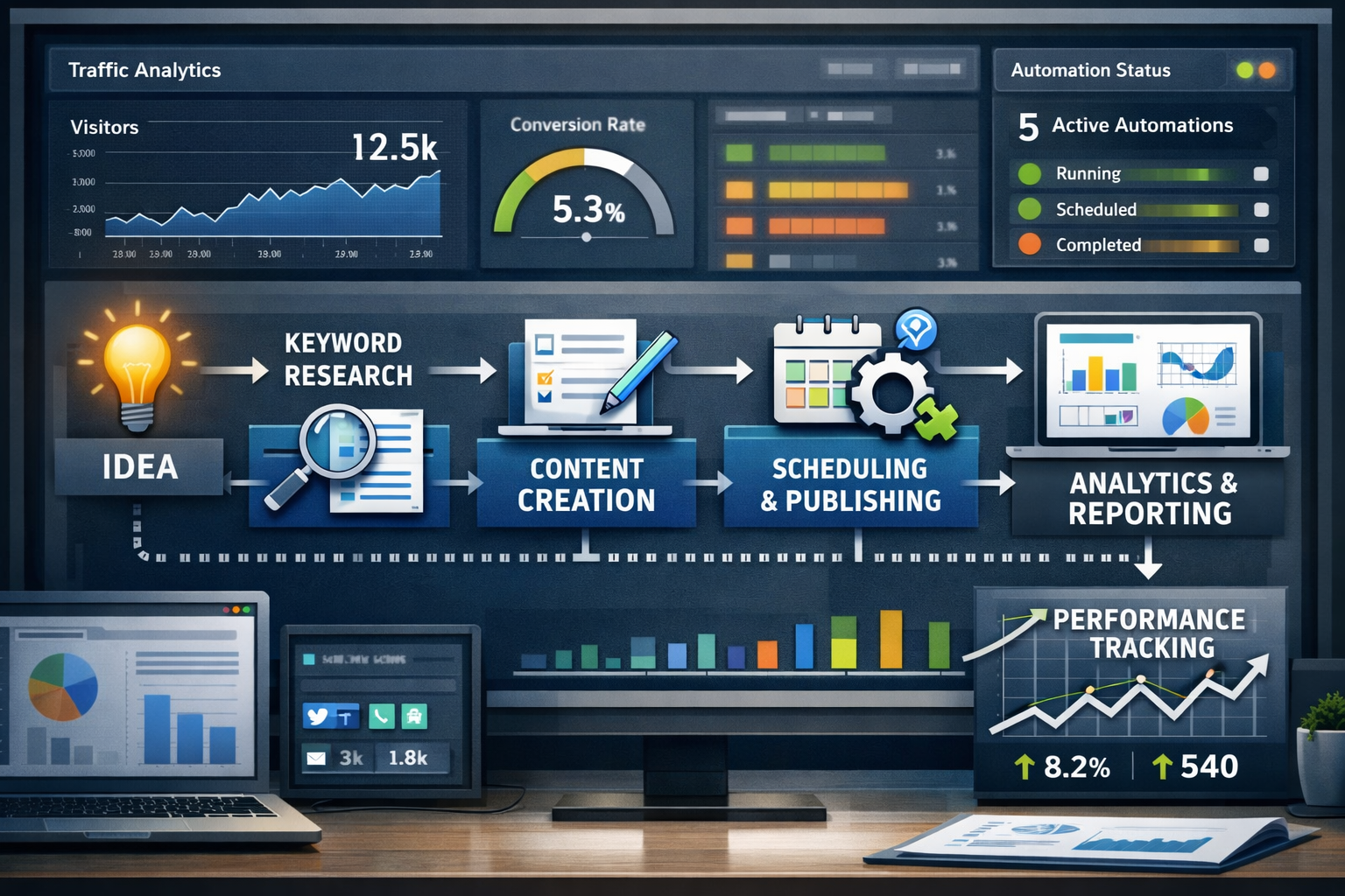 Detailed landscape format (1536x1024) image depicting content creation workflow automation. Visual flowchart showing content journey from id