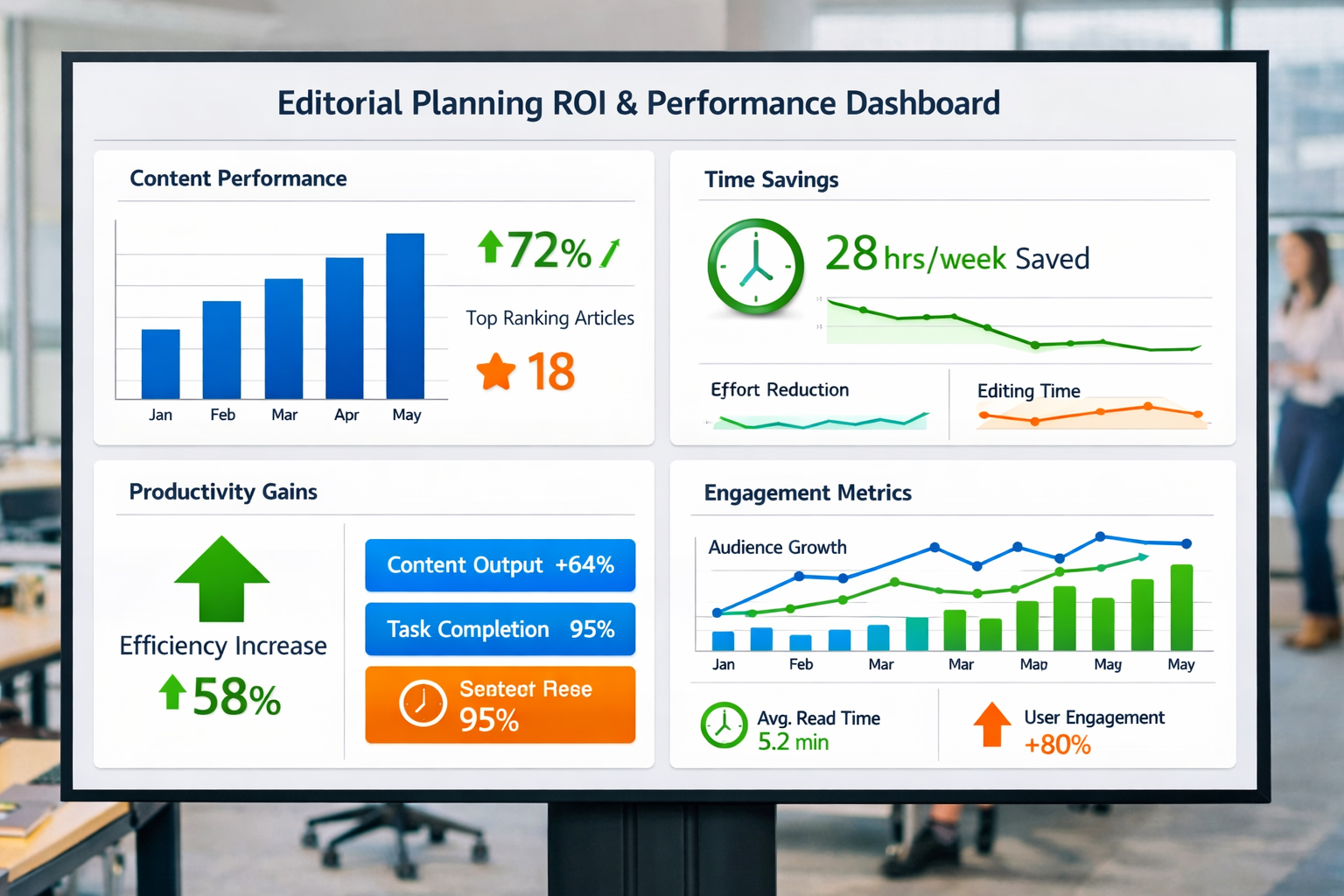 Professional landscape format (1536x1024) image showing ROI and performance metrics dashboard for automated editorial planning. Multiple cha