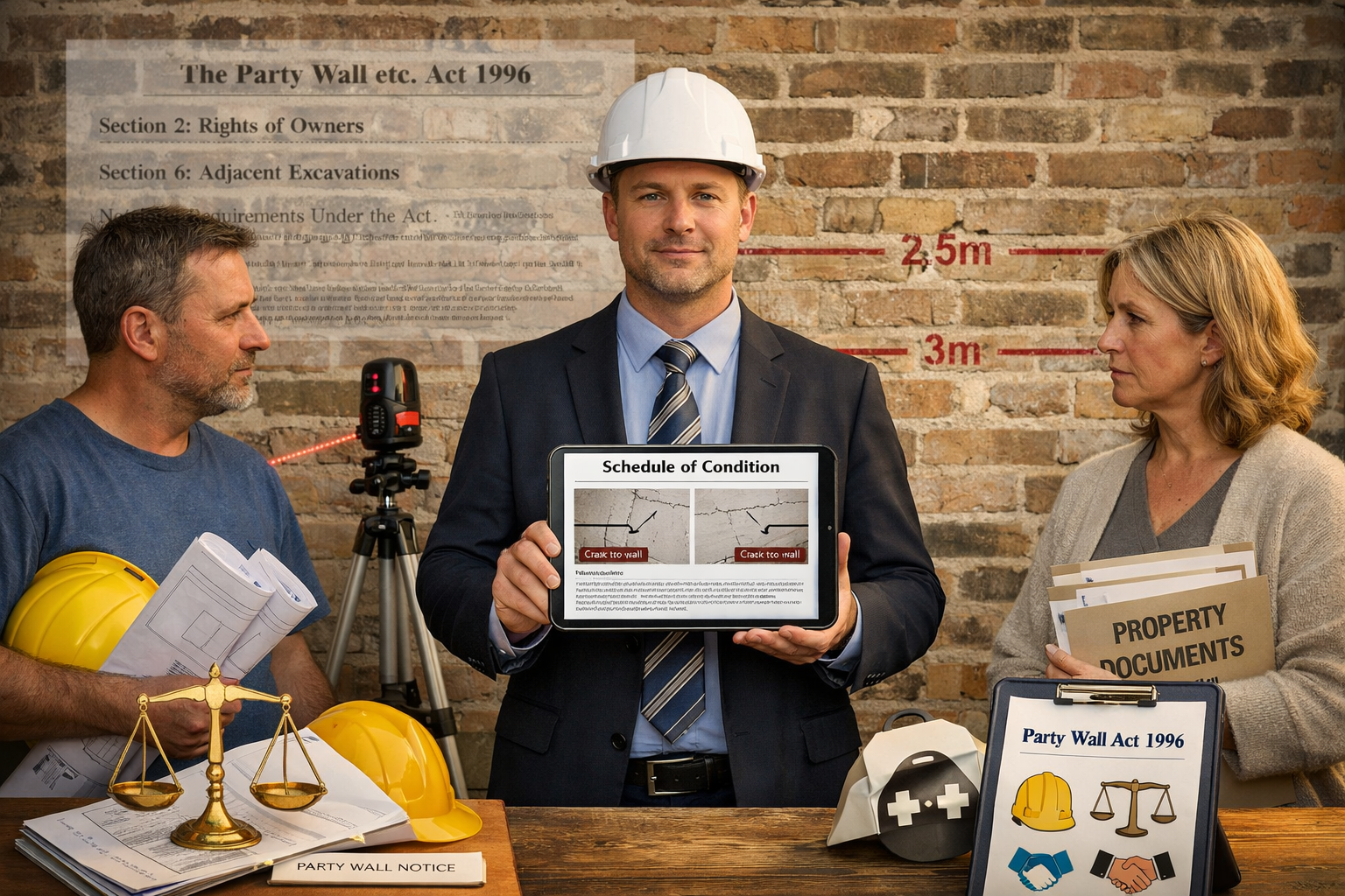 Detailed () image showing professional party wall surveyor in business attire and hard hat standing between two property